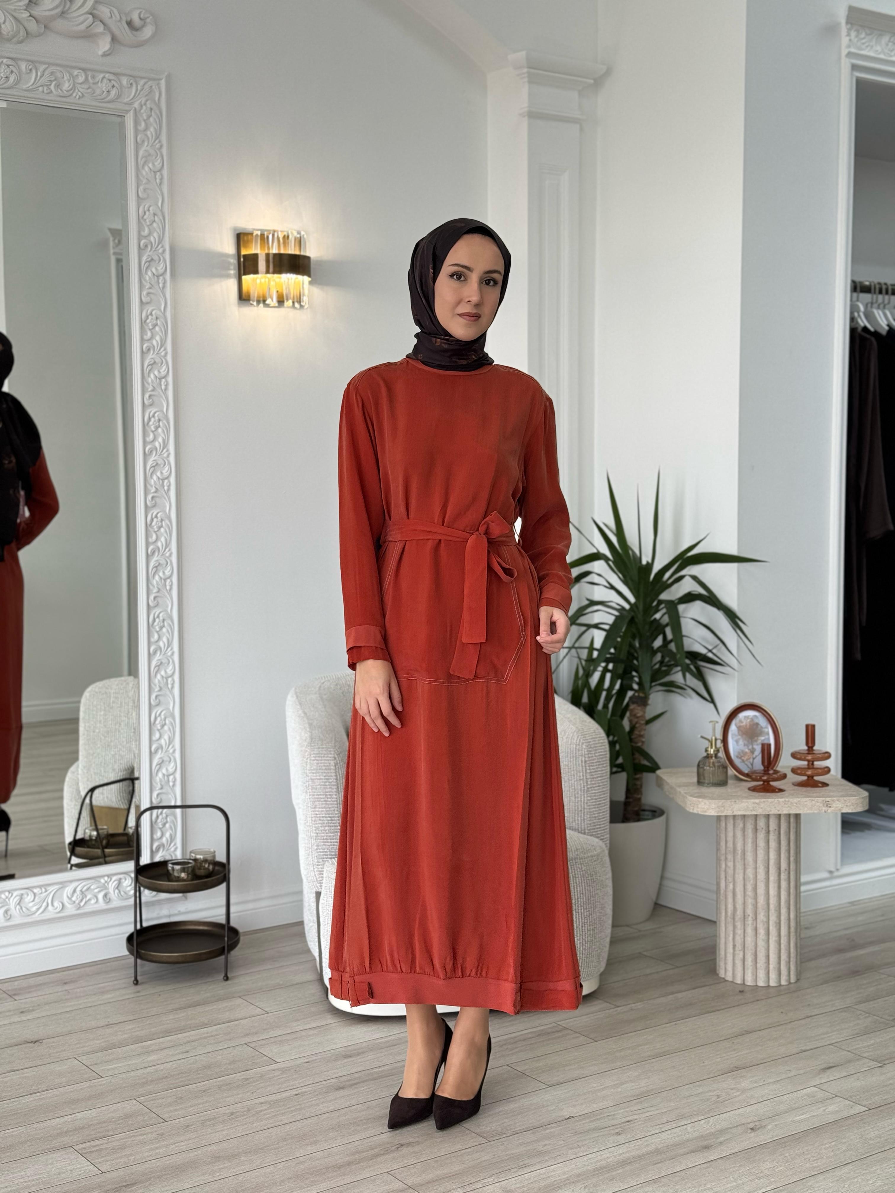 Misswhence Cupro Kemerli Elbise Turuncu 37838