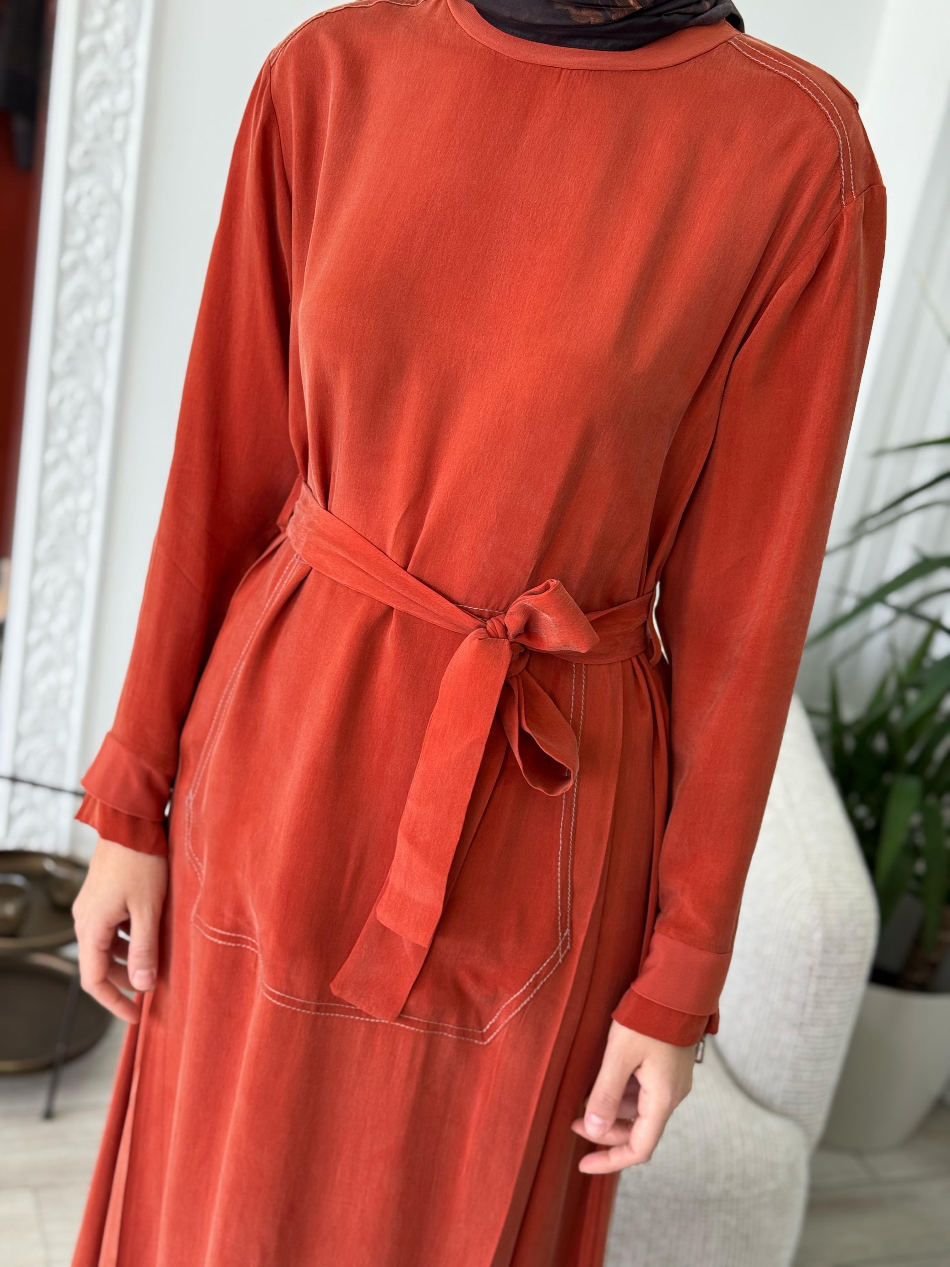 Misswhence Cupro Kemerli Elbise Turuncu 37838