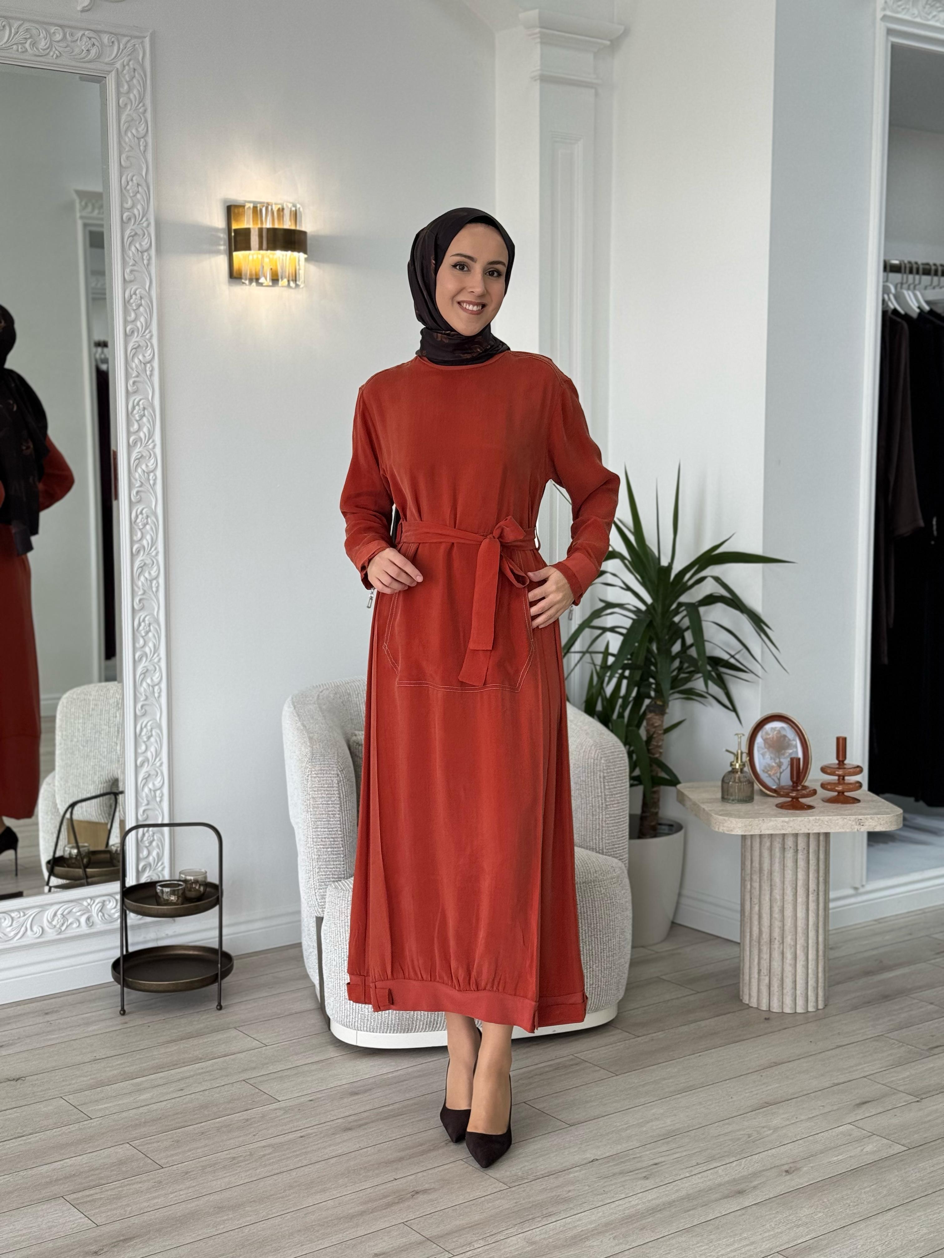 Misswhence Cupro Kemerli Elbise Turuncu 37838