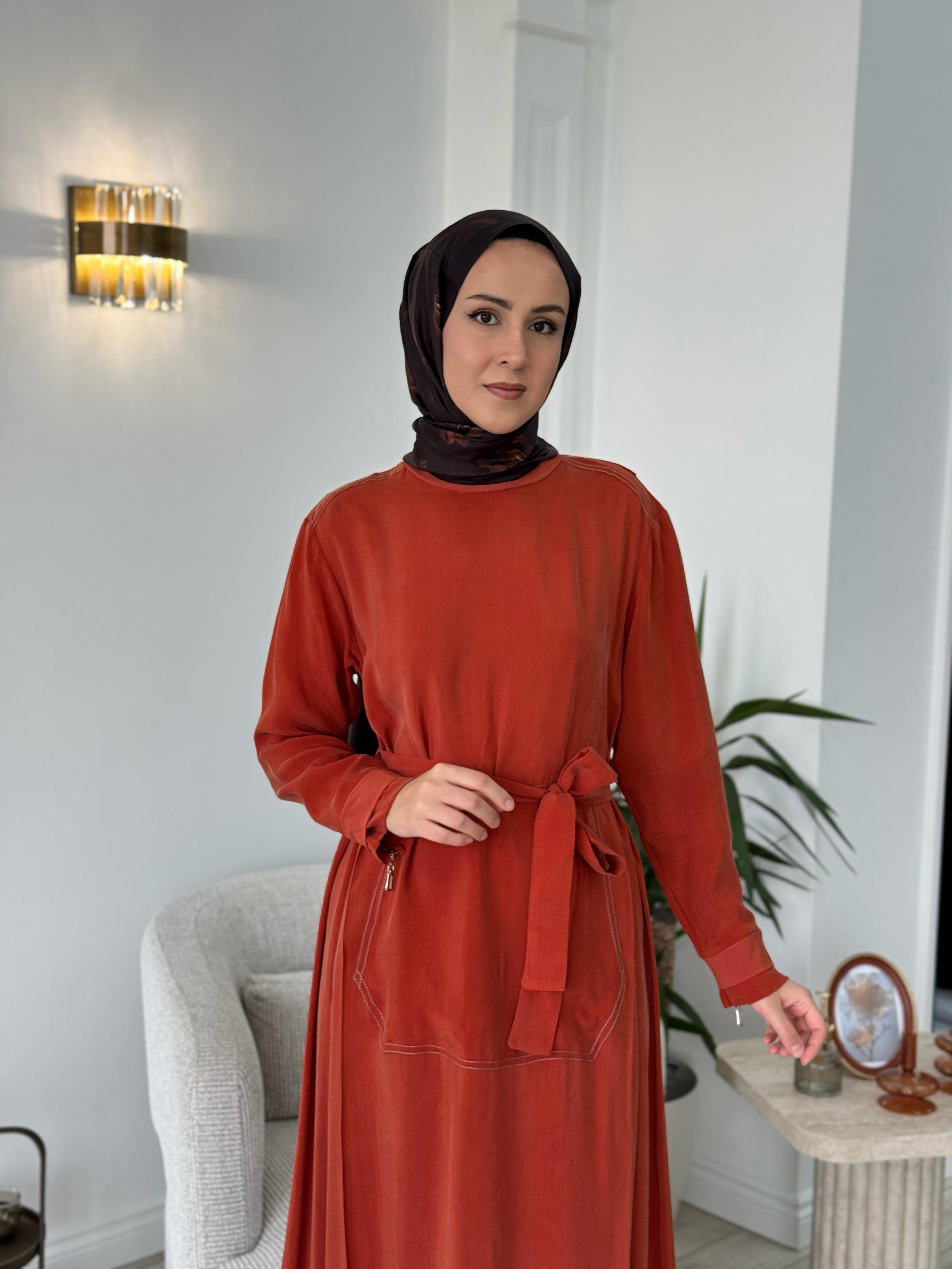 Misswhence Cupro Kemerli Elbise Turuncu 37838
