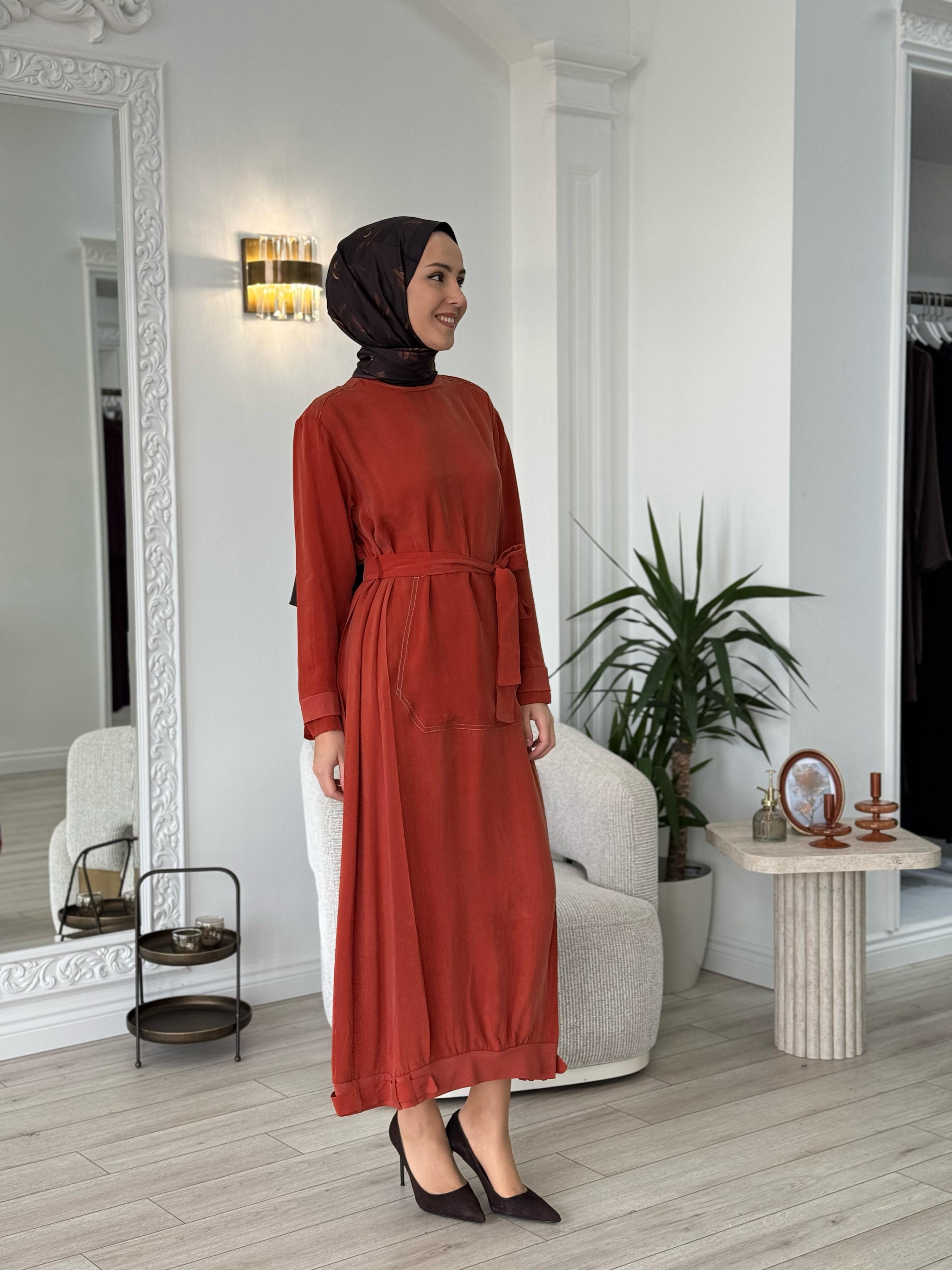 Misswhence Cupro Kemerli Elbise Turuncu 37838