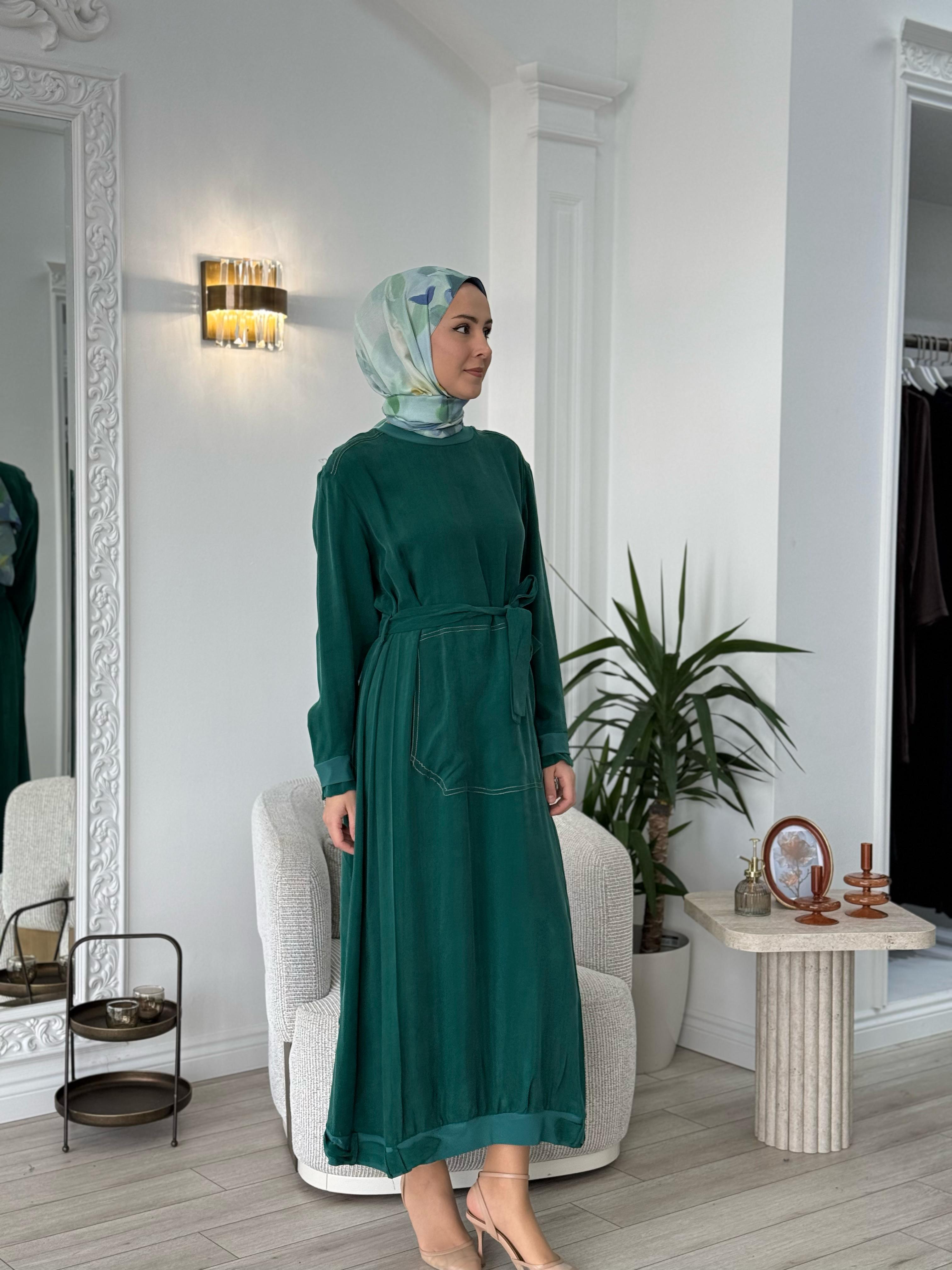Misswhence Cupro Kemerli Elbise Yeşil 37838