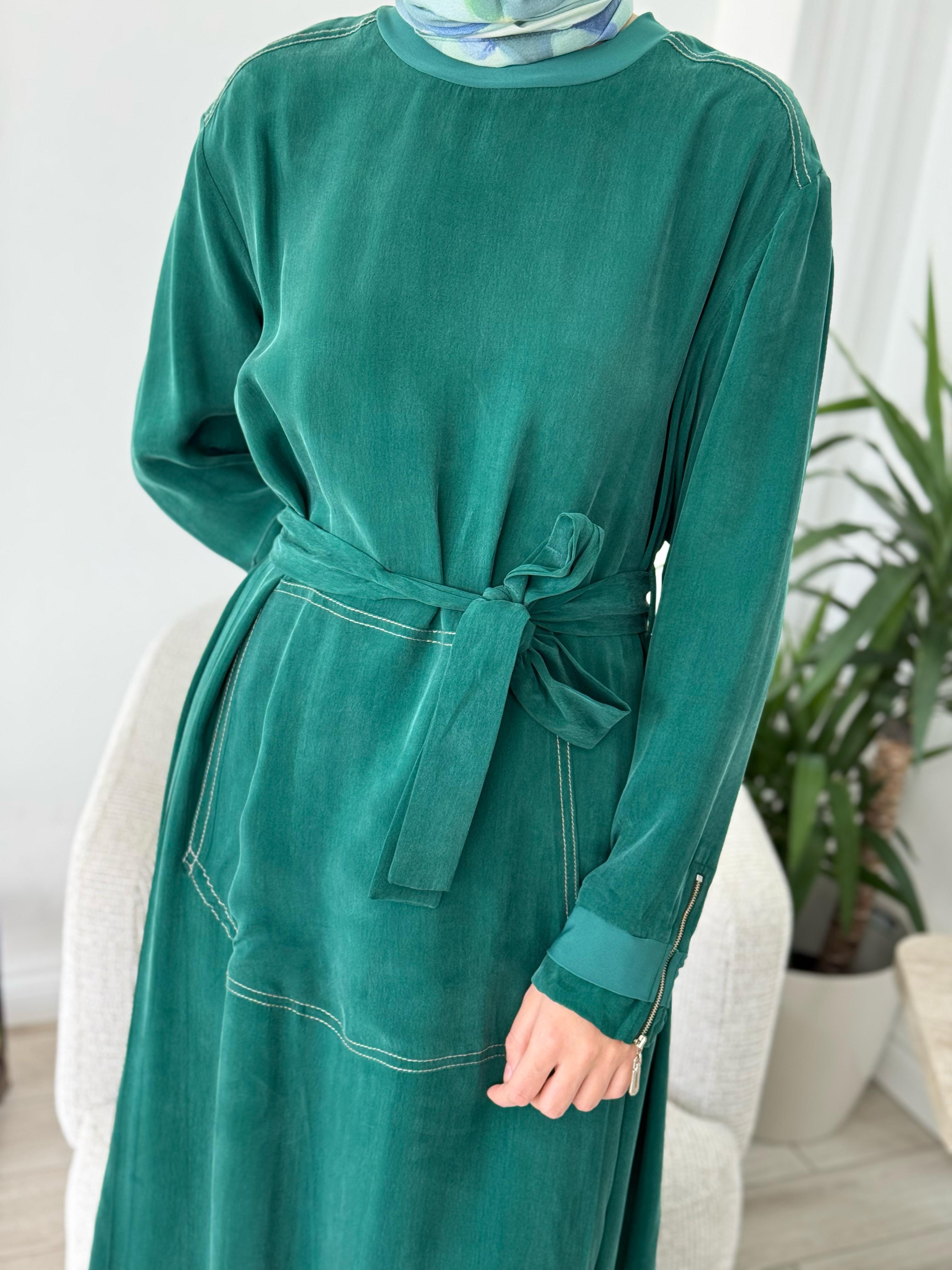 Misswhence Cupro Kemerli Elbise Yeşil 37838