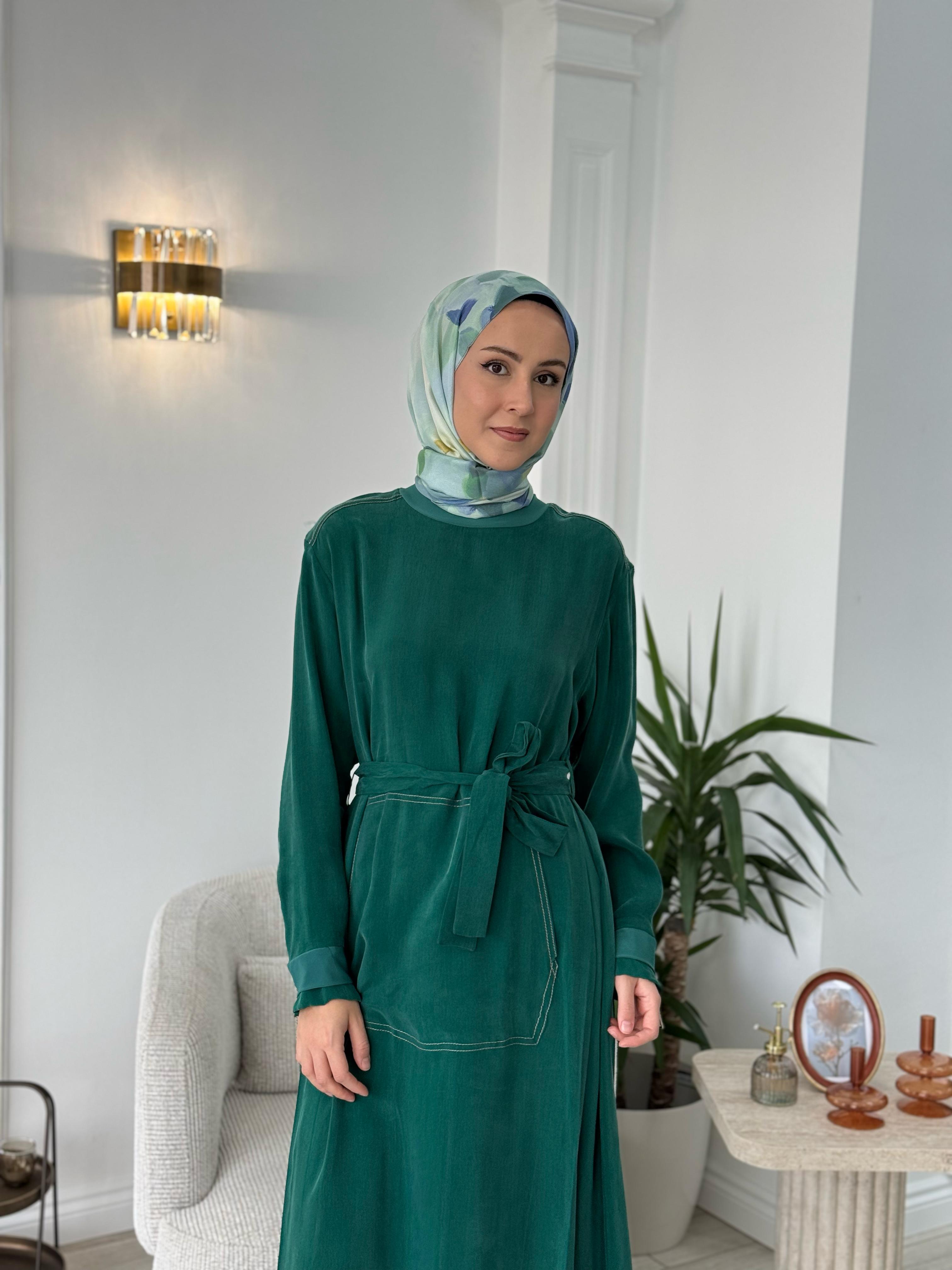 Misswhence Cupro Kemerli Elbise Yeşil 37838