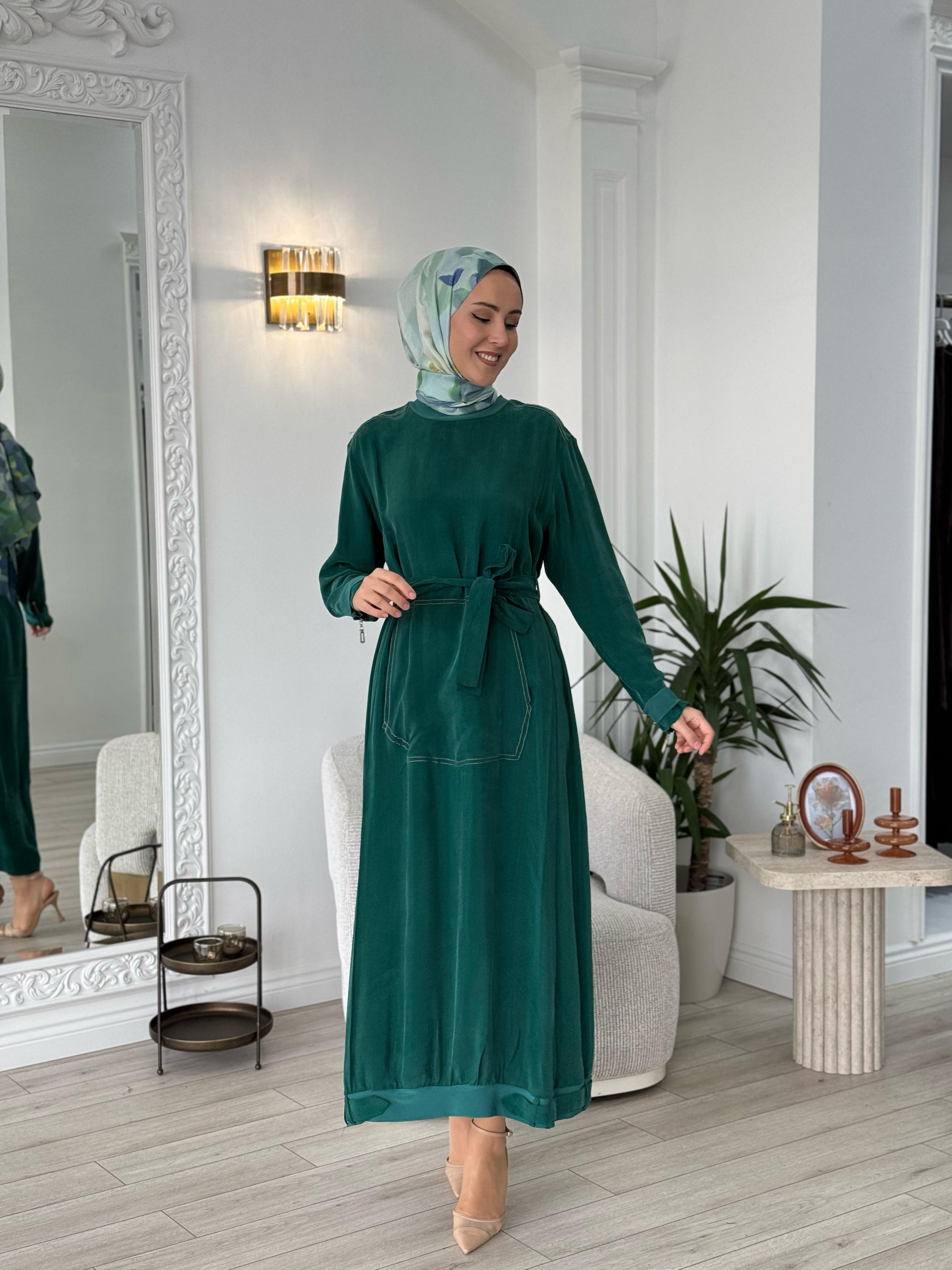 Misswhence Cupro Kemerli Elbise Yeşil 37838