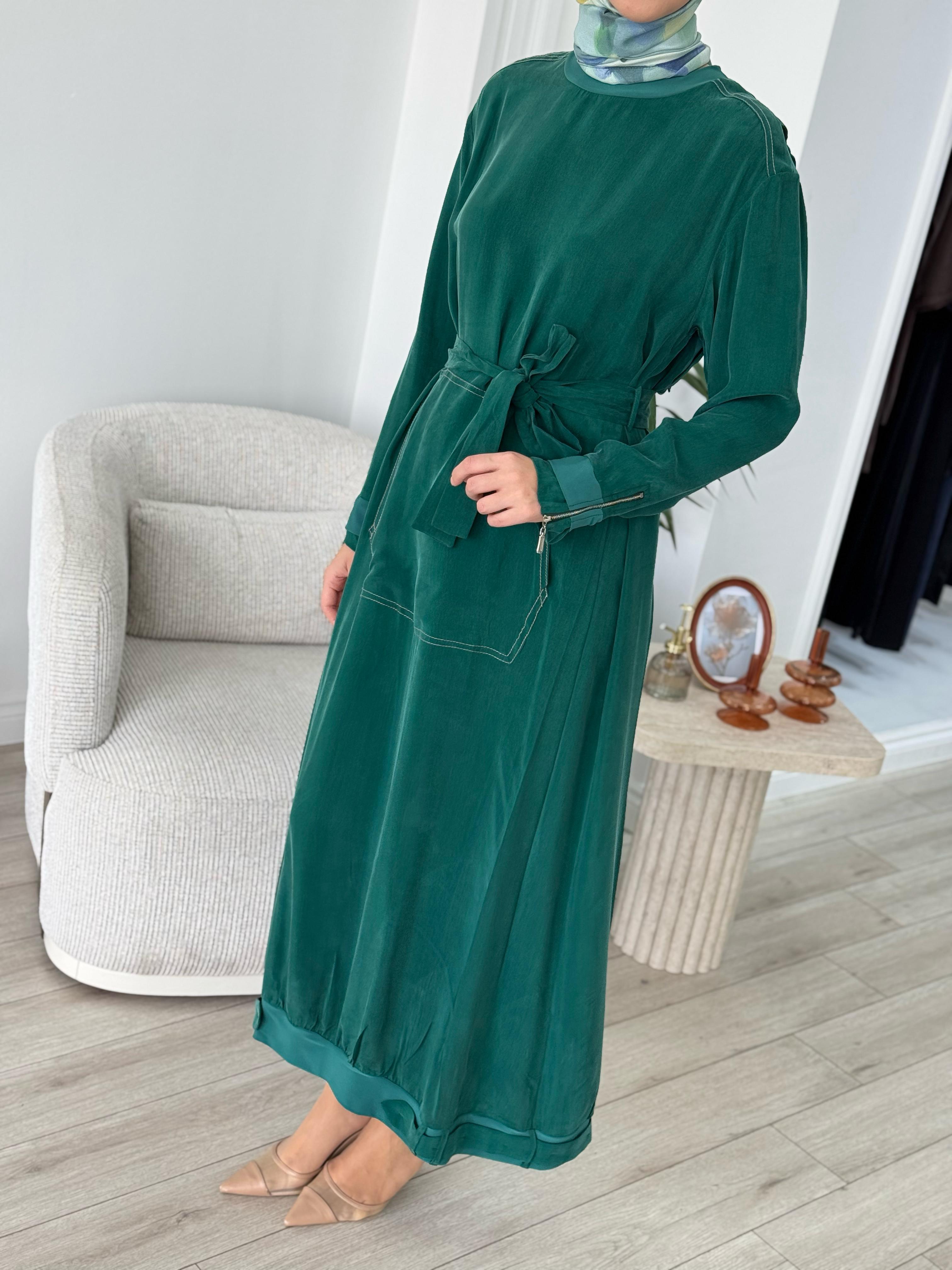 Misswhence Cupro Kemerli Elbise Yeşil 37838