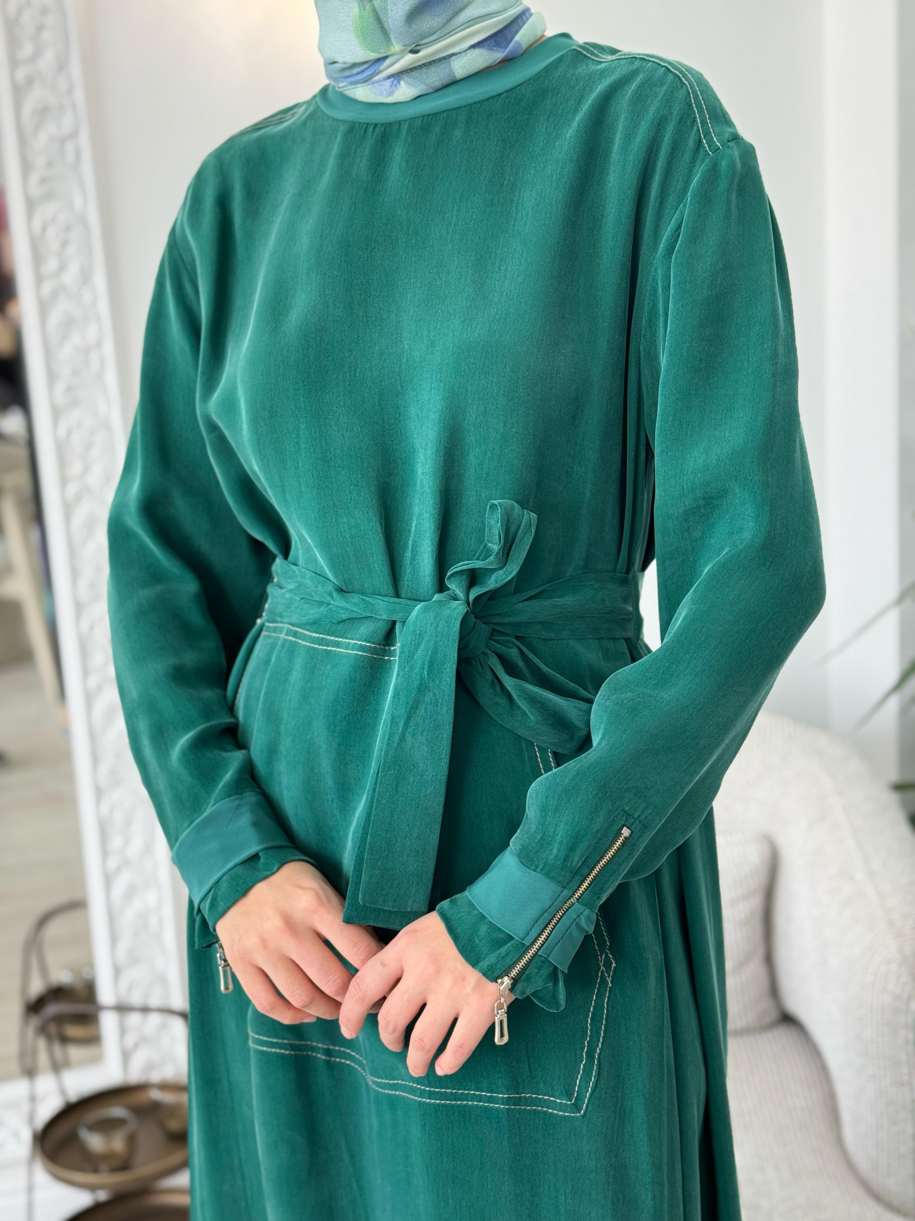 Misswhence Cupro Kemerli Elbise Yeşil 37838