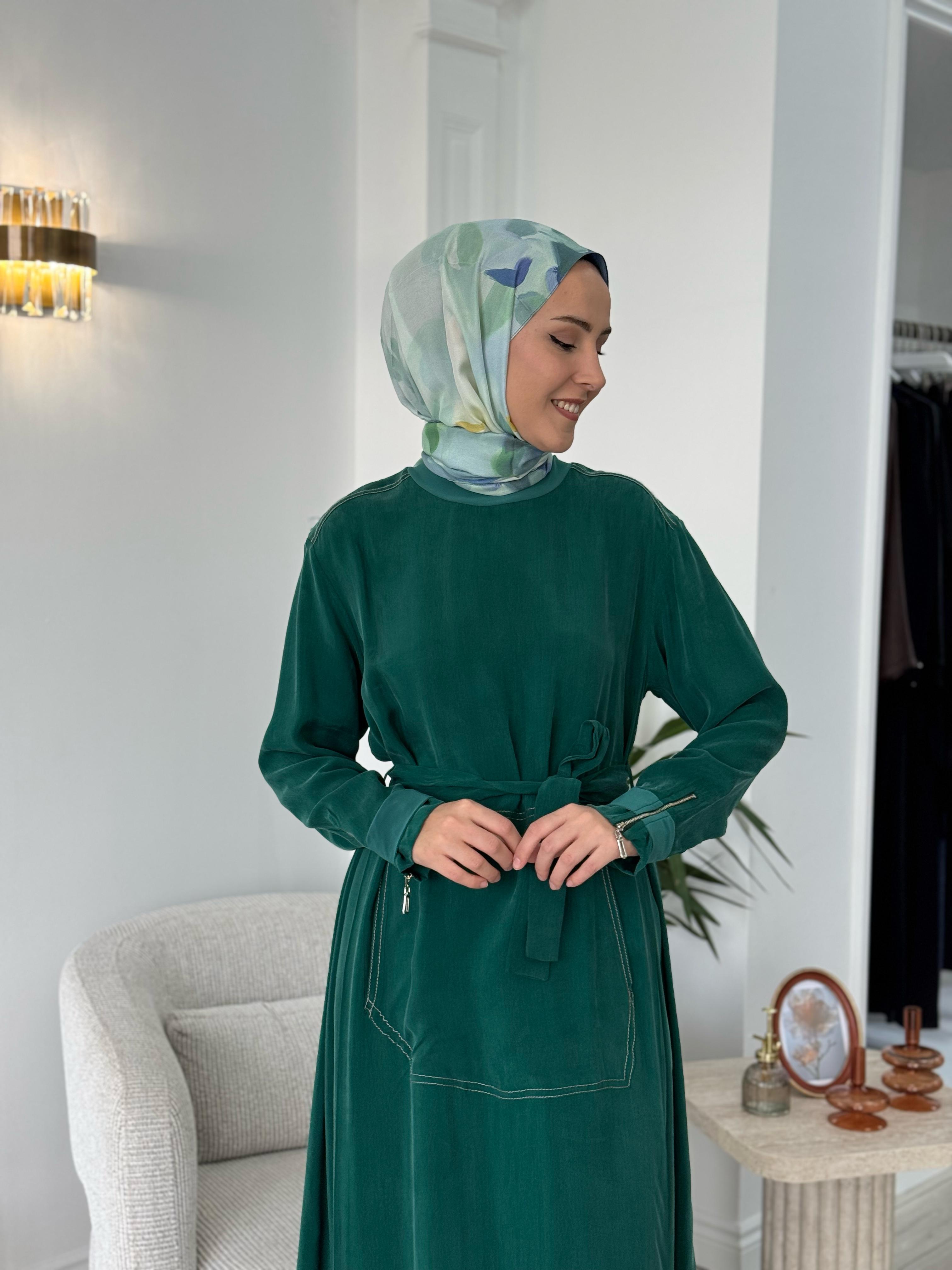 Misswhence Cupro Kemerli Elbise Yeşil 37838