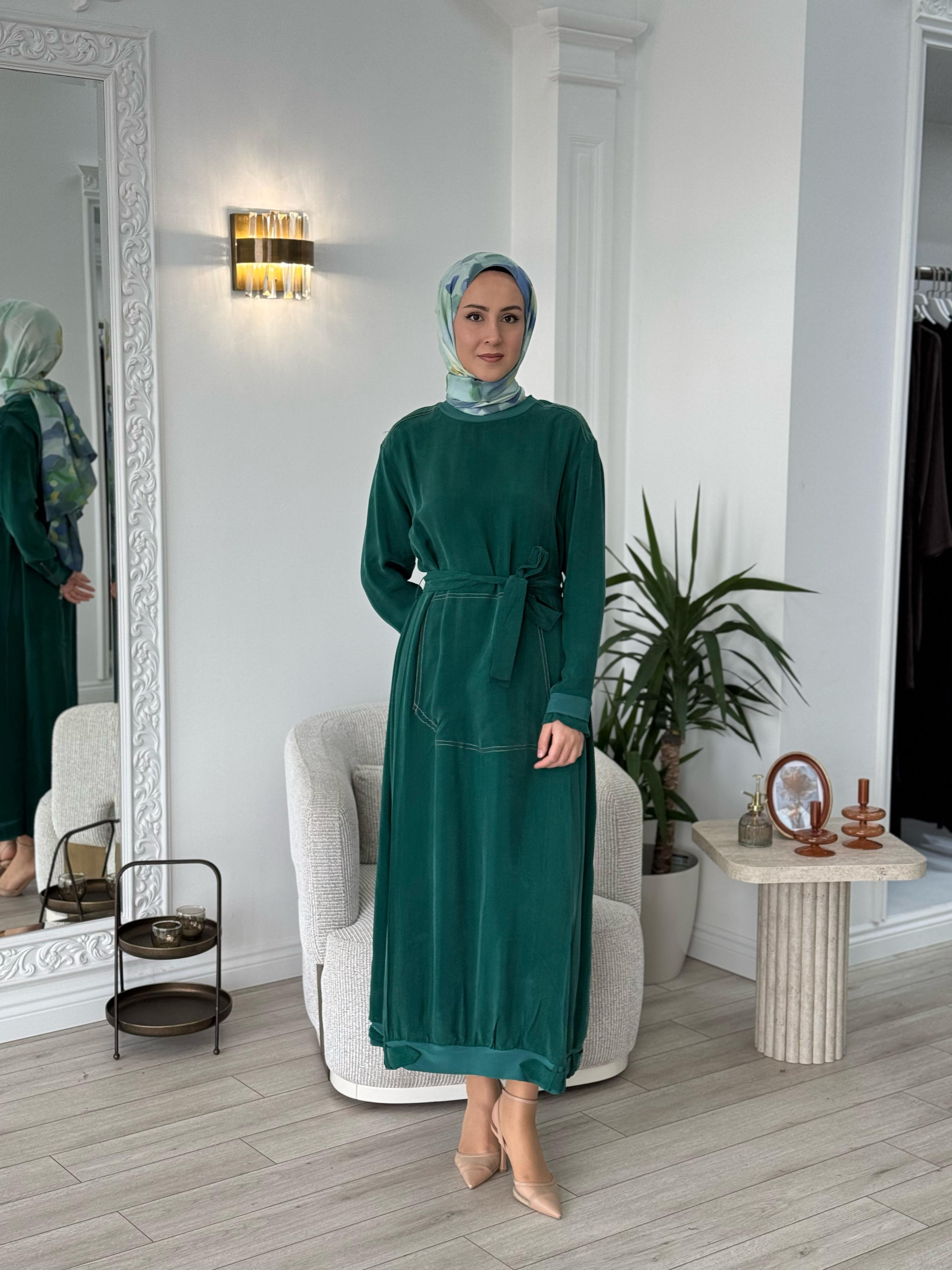 Misswhence Cupro Kemerli Elbise Yeşil 37838