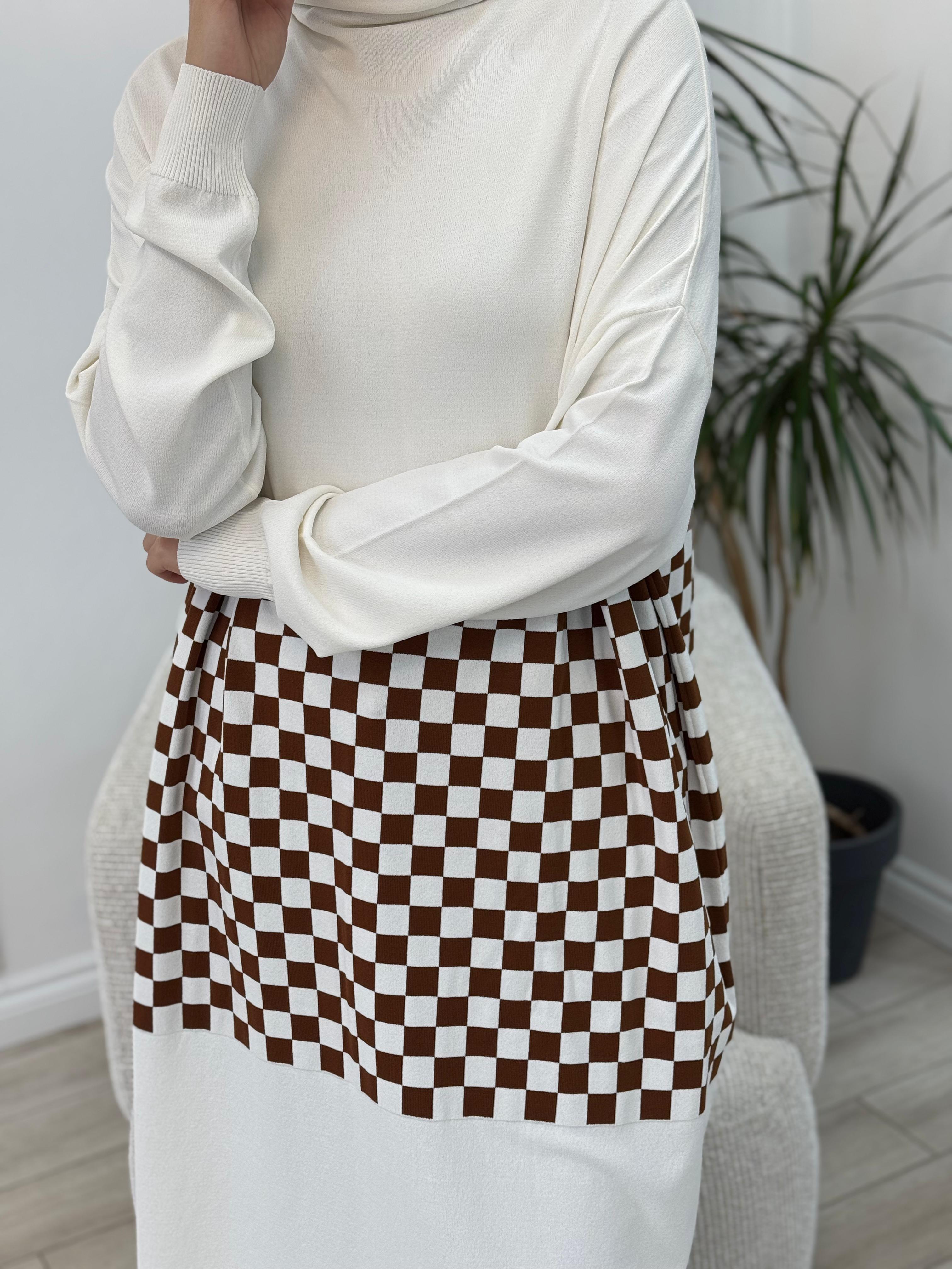 Misswhence Damalı Taba Triko Tunik Beyaz 32029 