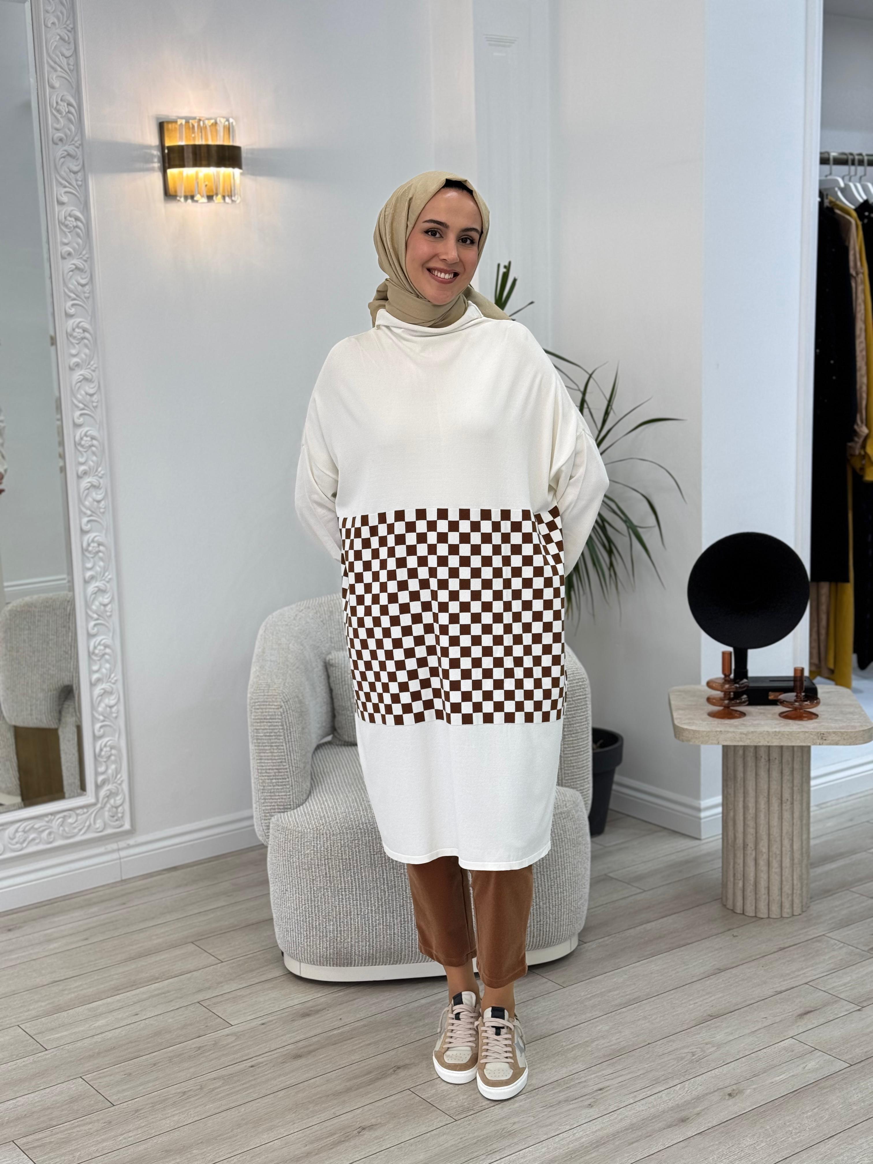 Misswhence Damalı Taba Triko Tunik Beyaz 32029 