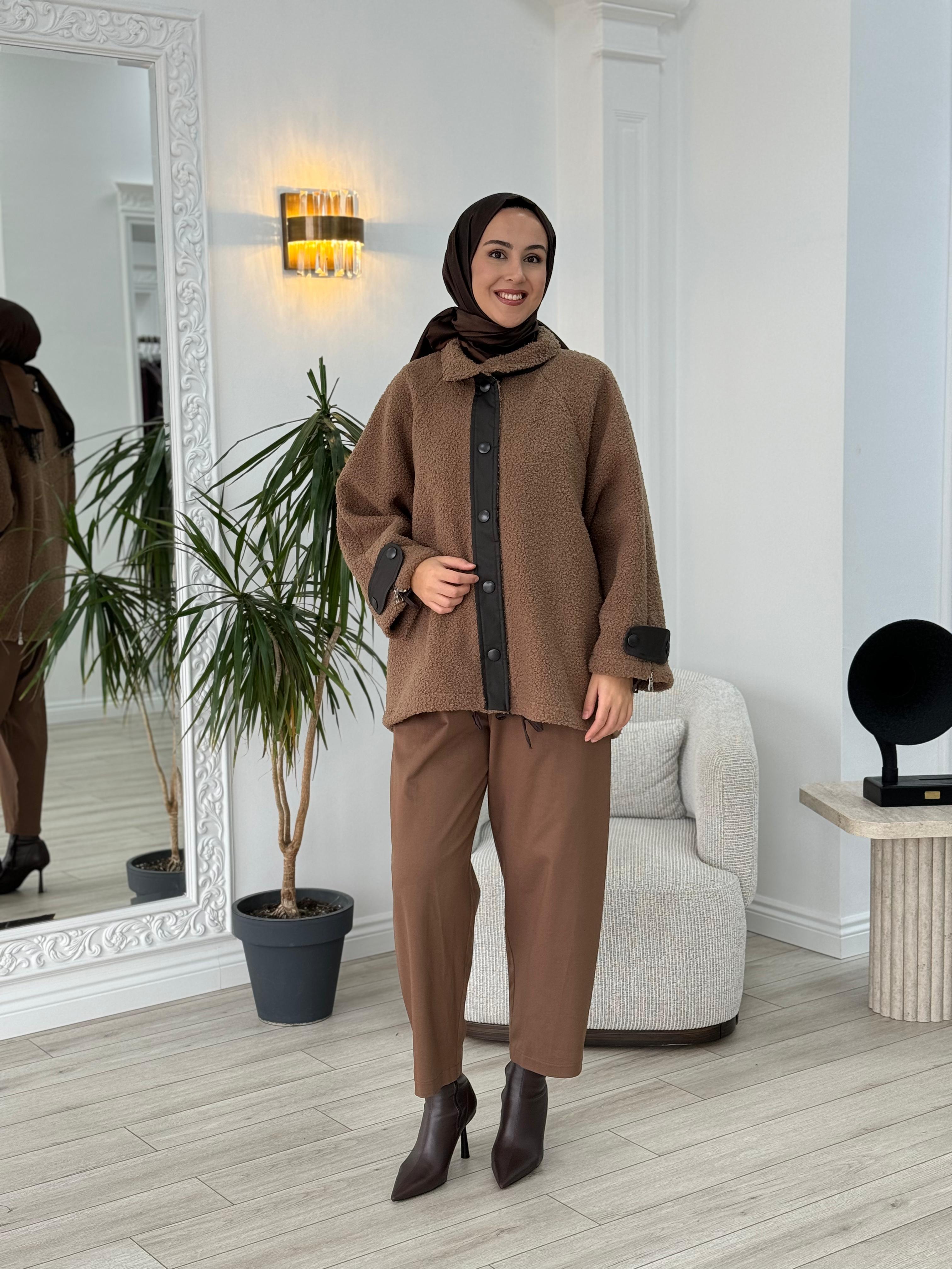 Misswhence Deri Detaylı Kahverengi Kaban v300