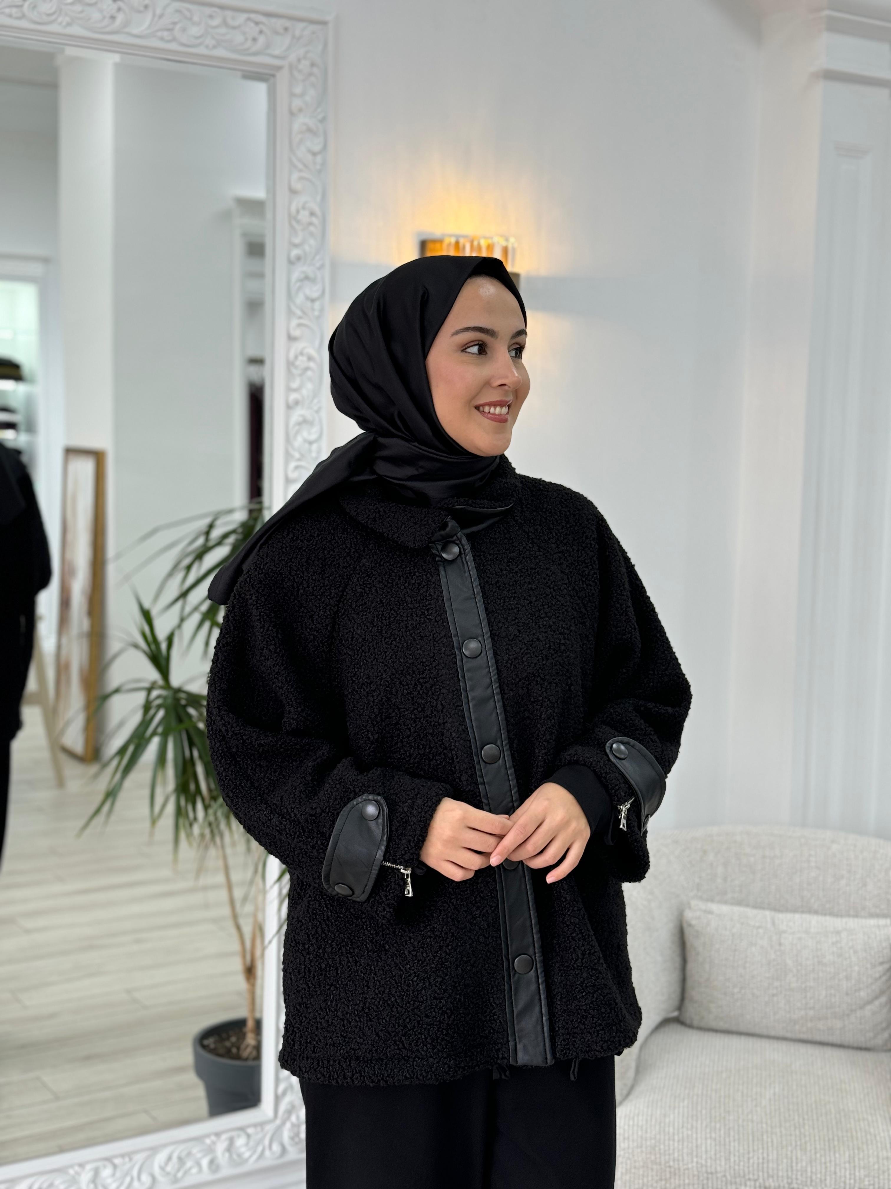 Misswhence Deri Detaylı Siyah Kaban v300