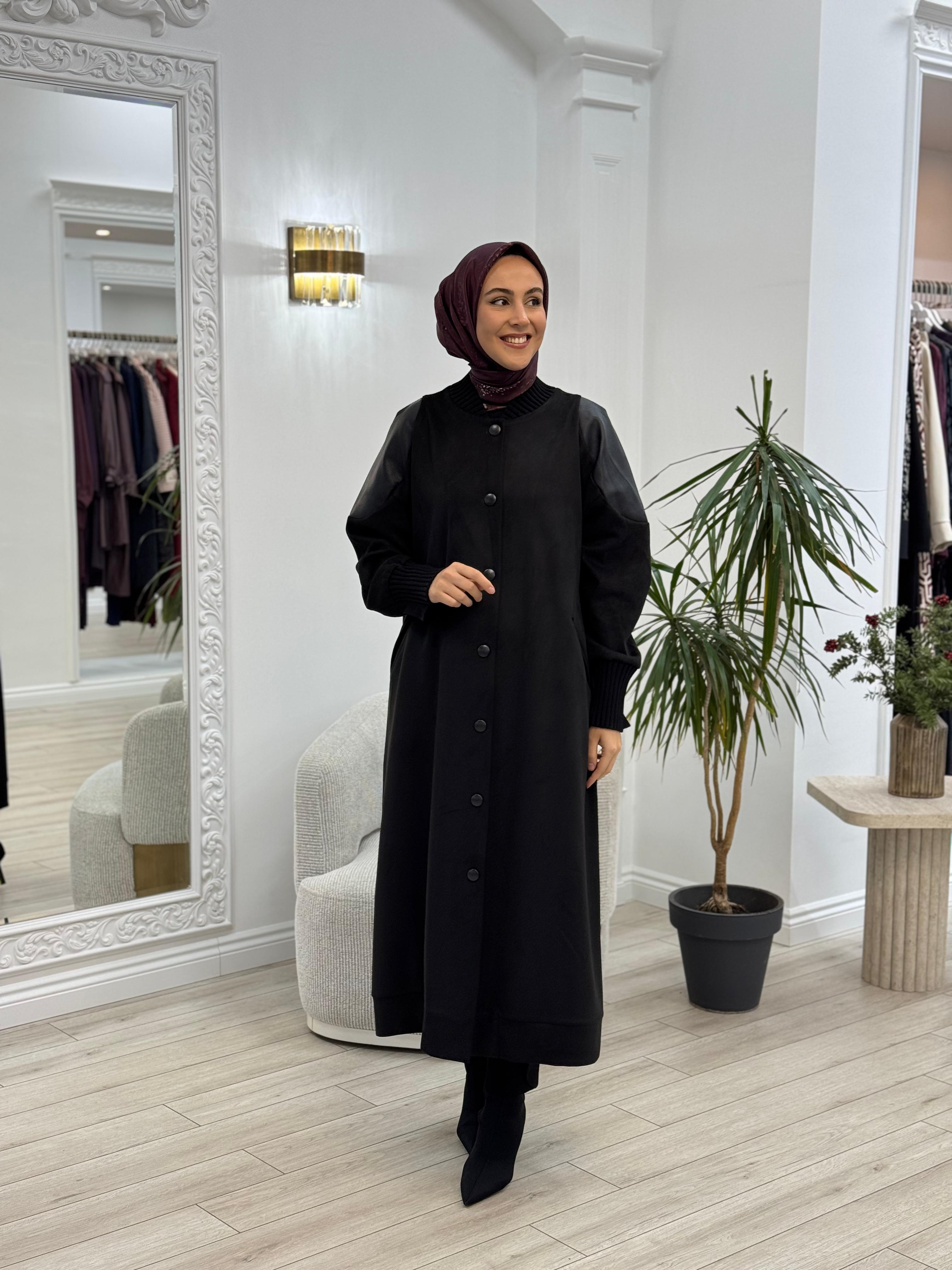Misswhence Deri Detaylı Süet Pardesü Kaban Siyah 34514