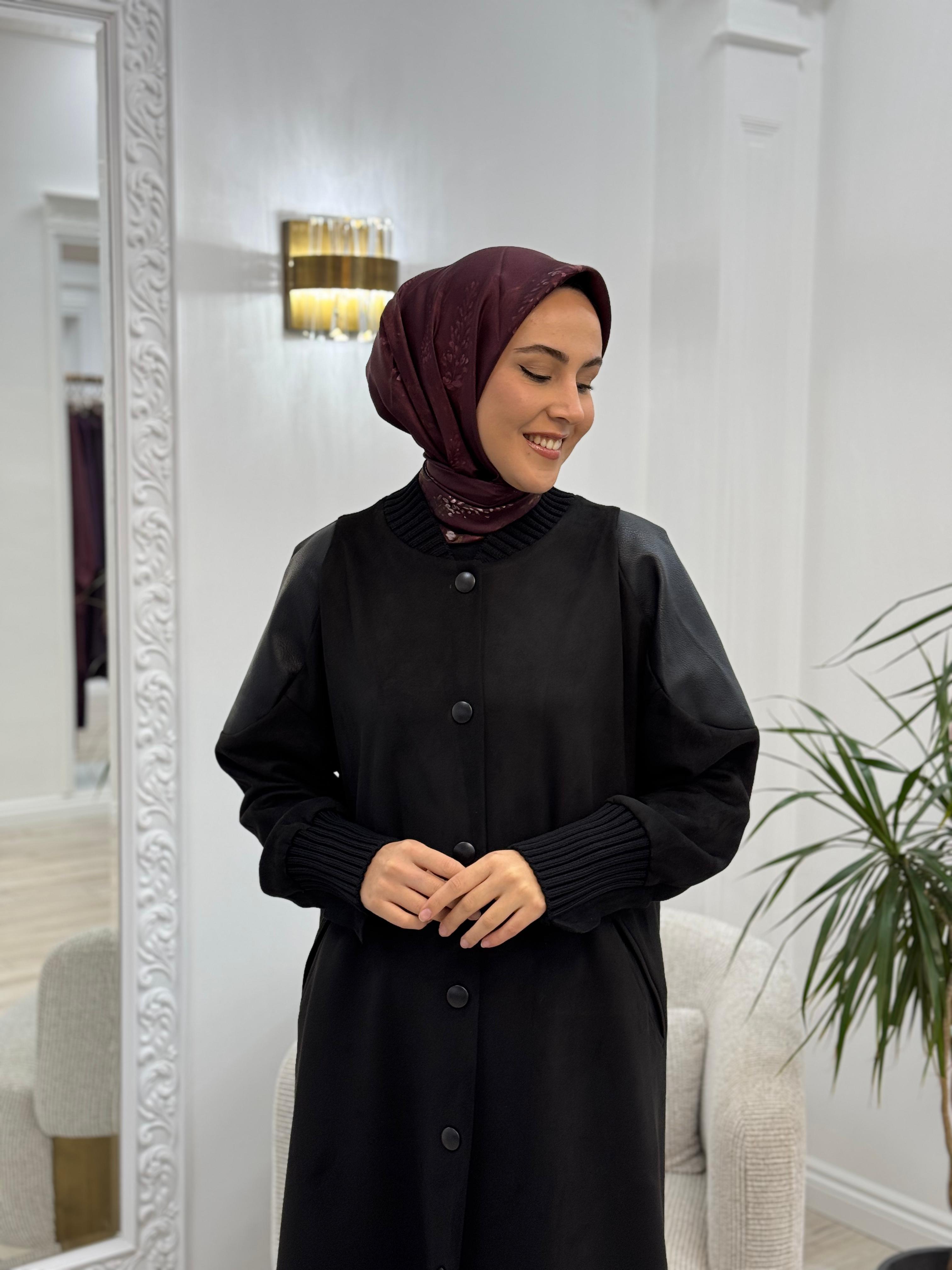 Misswhence Deri Detaylı Süet Pardesü Kaban Siyah 34514