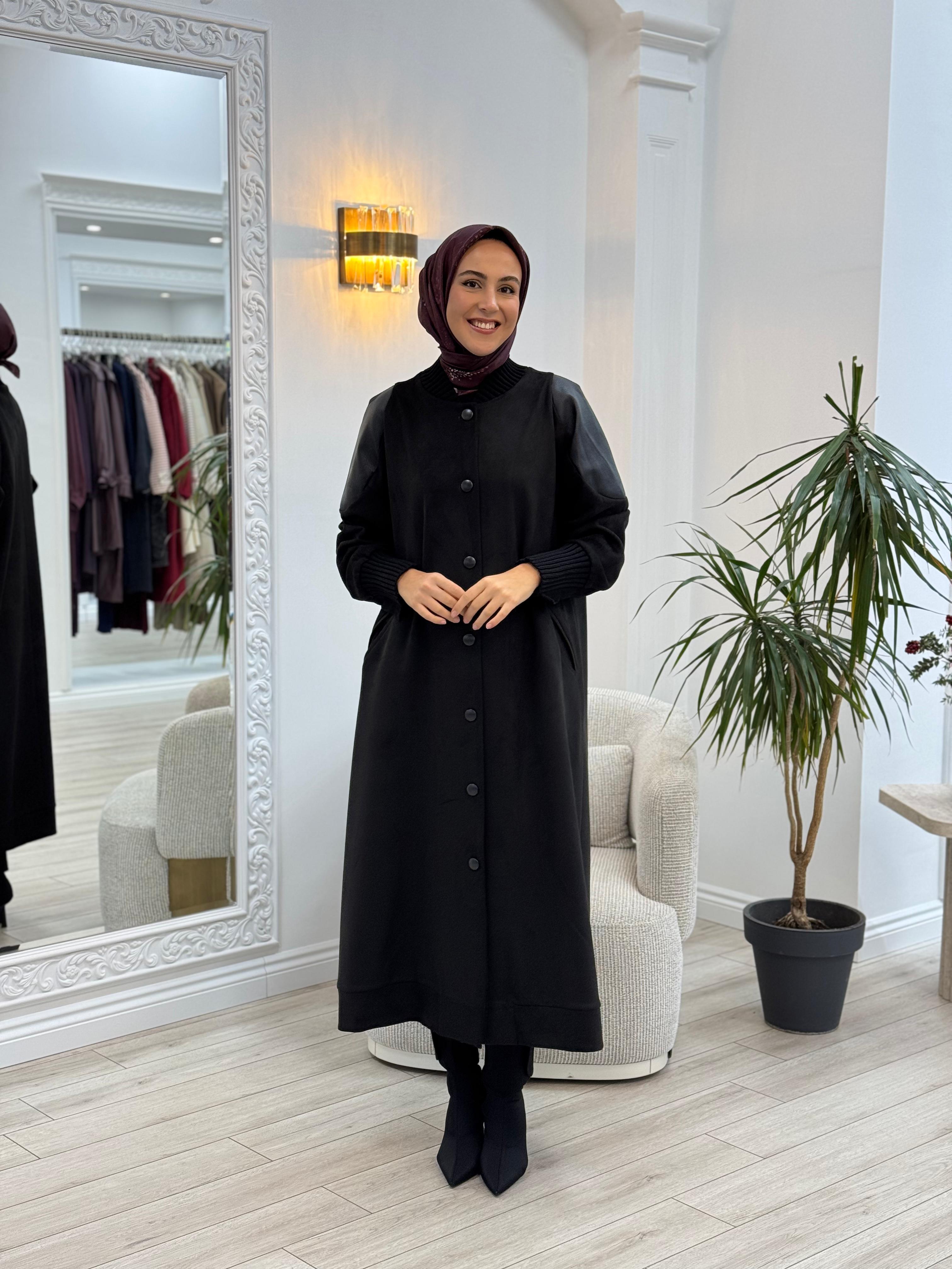 Misswhence Deri Detaylı Süet Pardesü Kaban Siyah 34514