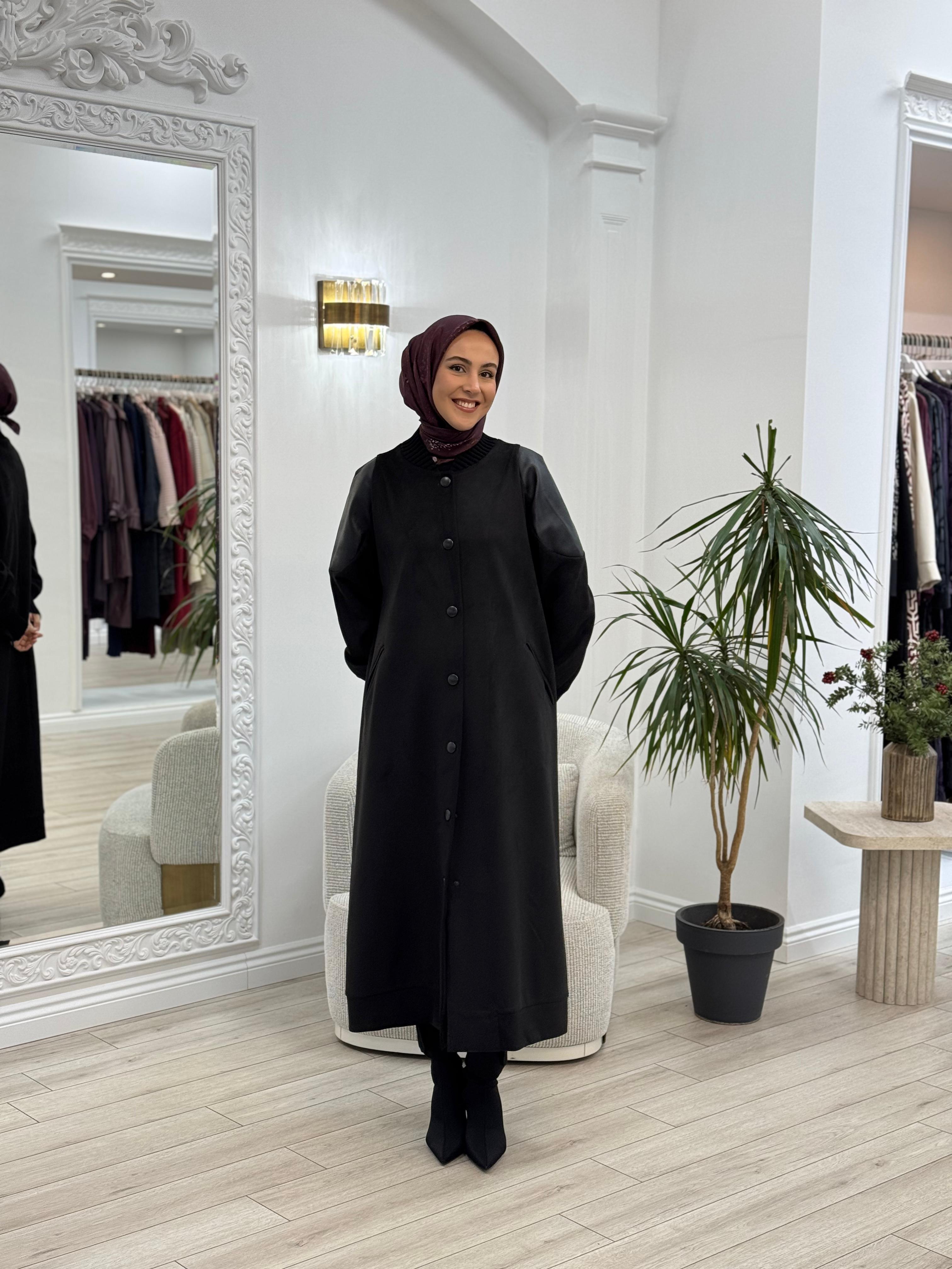 Misswhence Deri Detaylı Süet Pardesü Kaban Siyah 34514