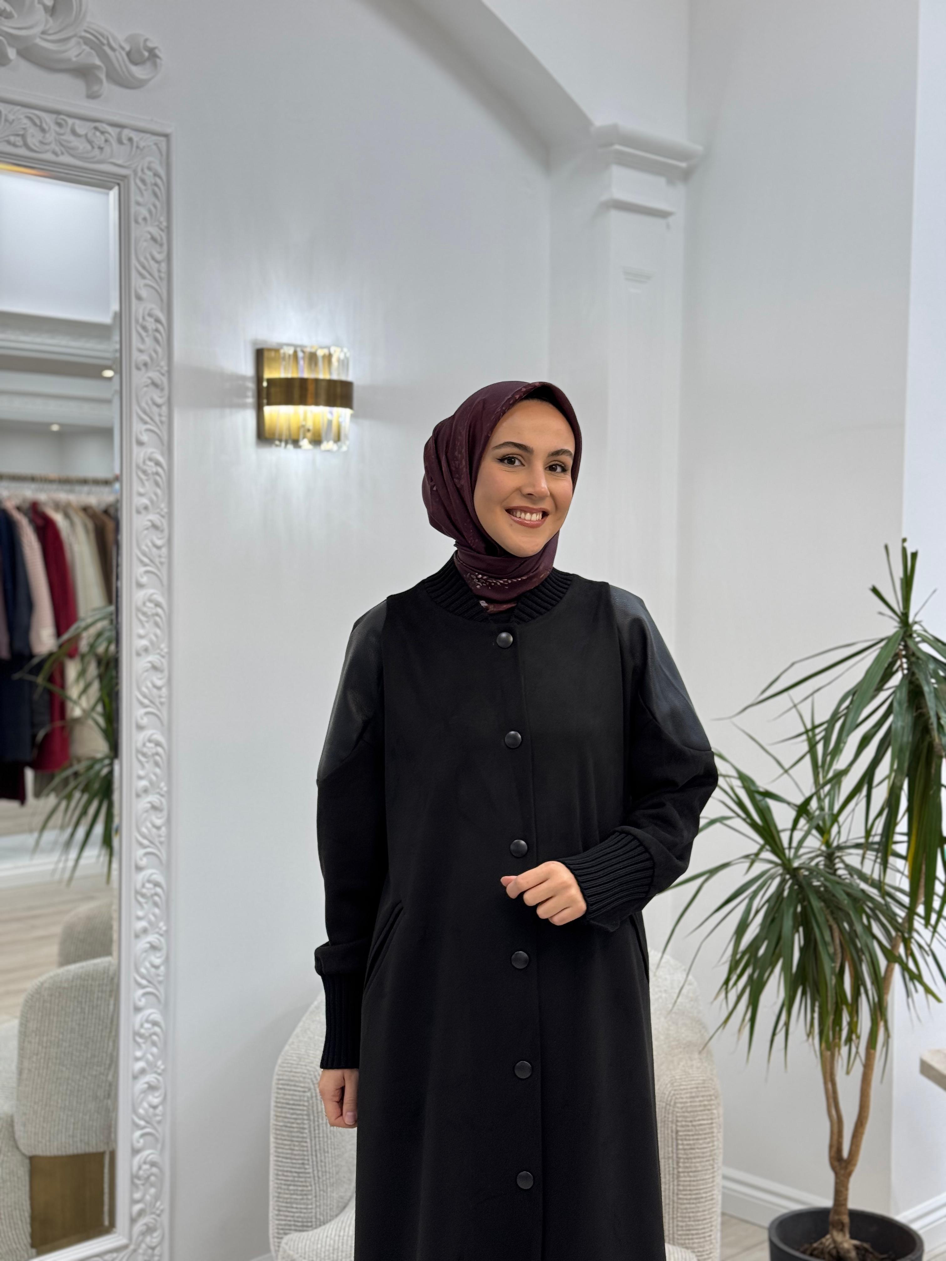 Misswhence Deri Detaylı Süet Pardesü Kaban Siyah 34514