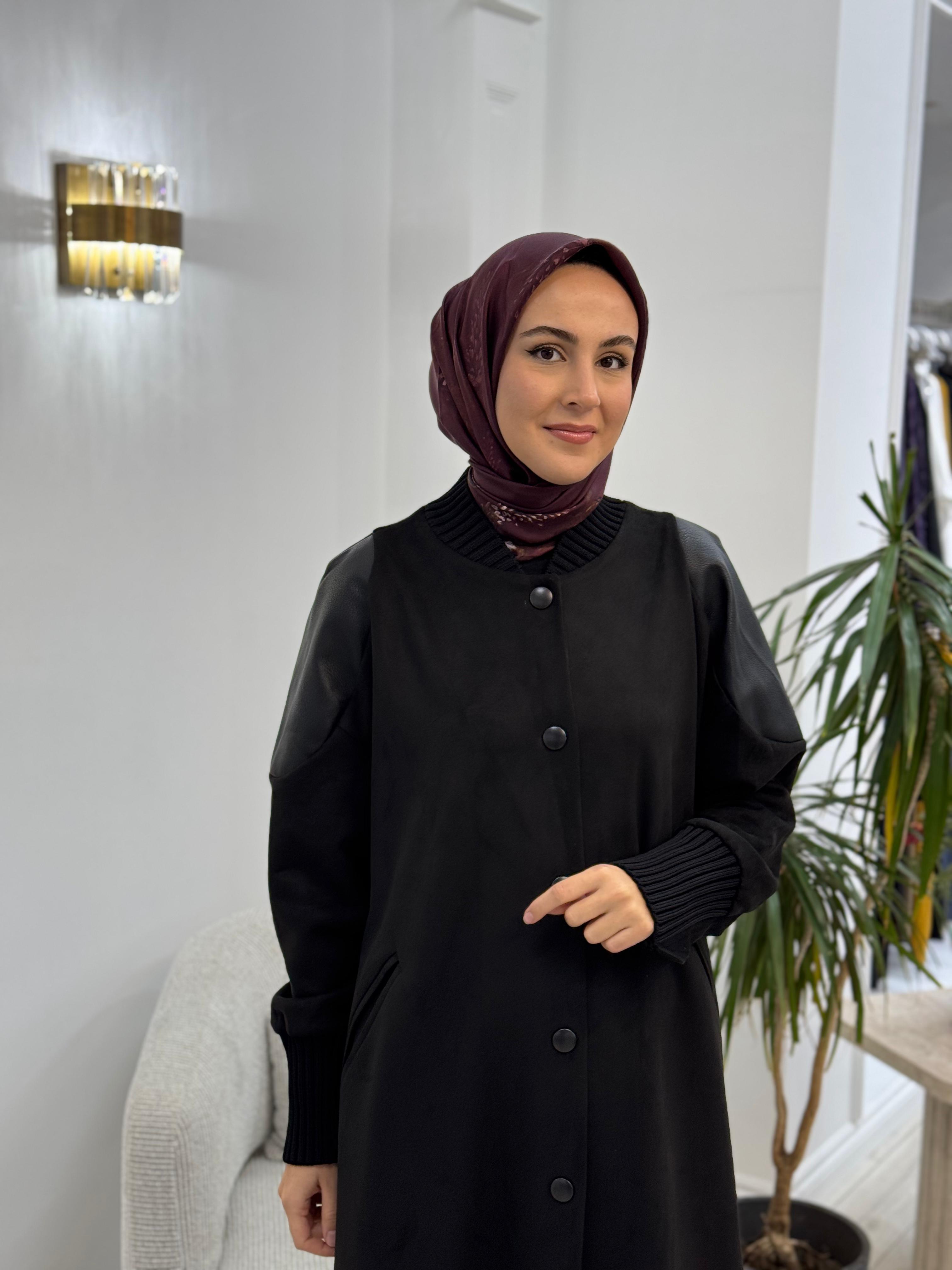 Misswhence Deri Detaylı Süet Pardesü Kaban Siyah 34514
