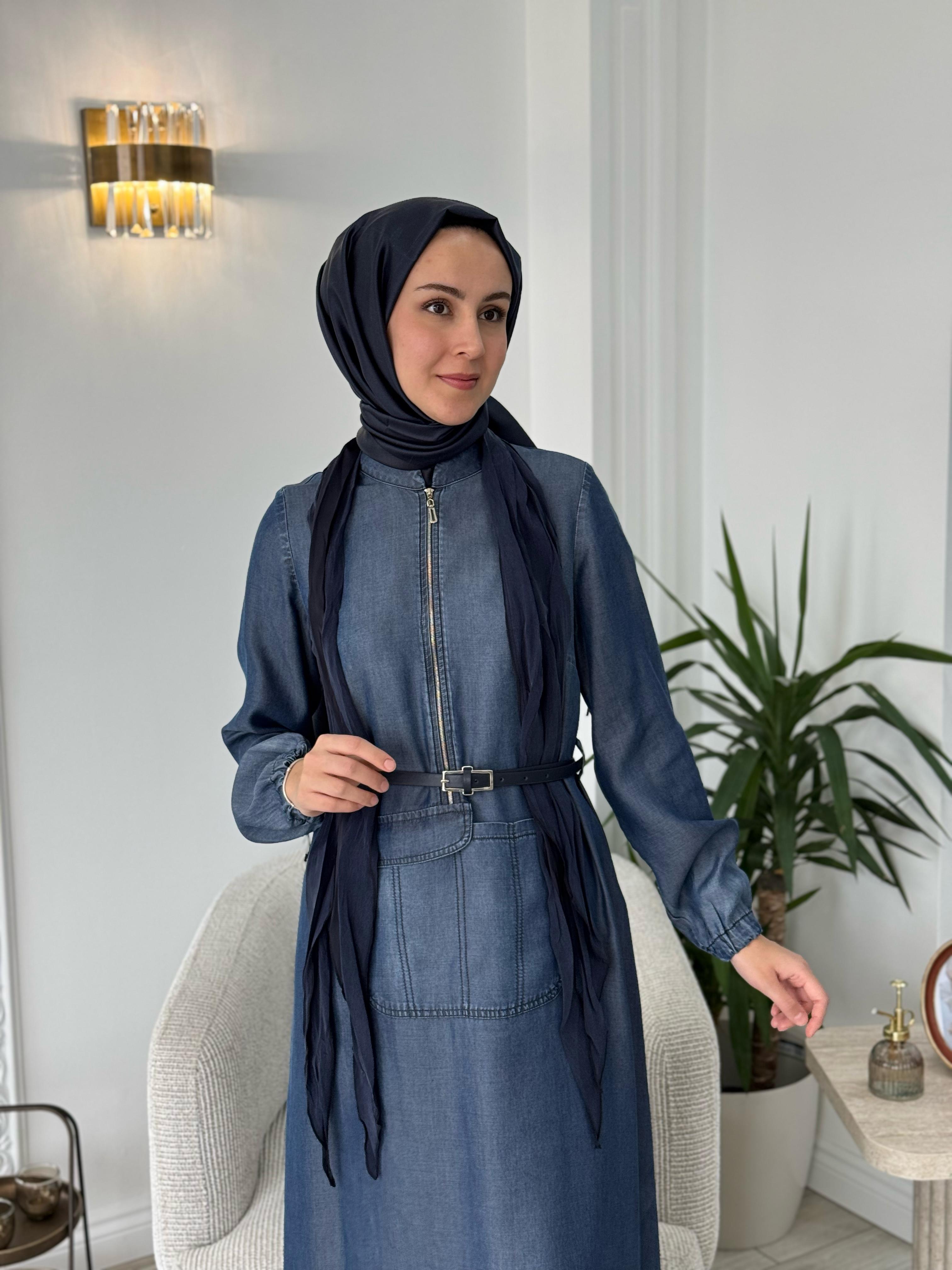 Misswhence Deri Kemerli Şallı Elbise Lacivert 37804