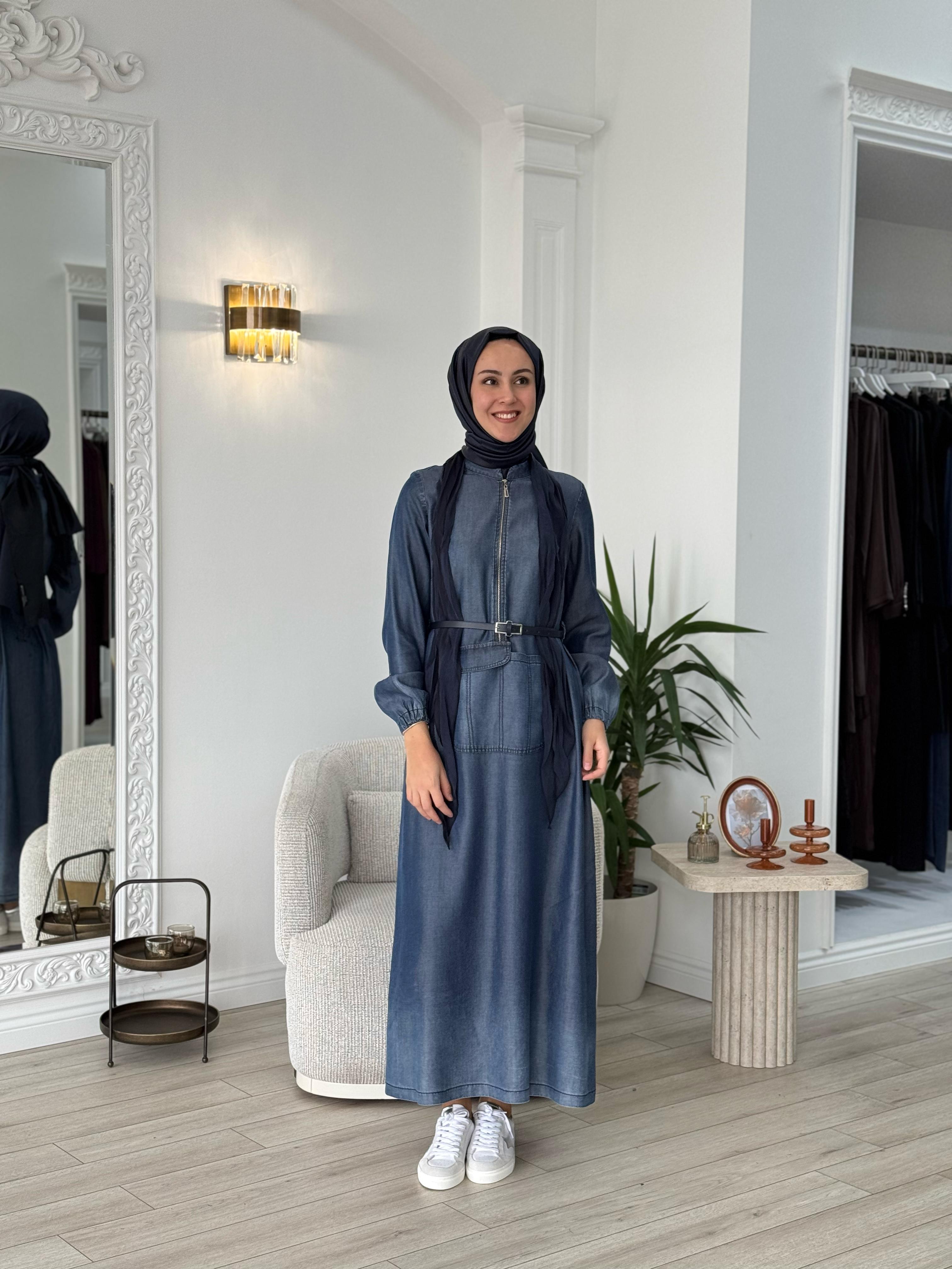 Misswhence Deri Kemerli Şallı Elbise Lacivert 37804