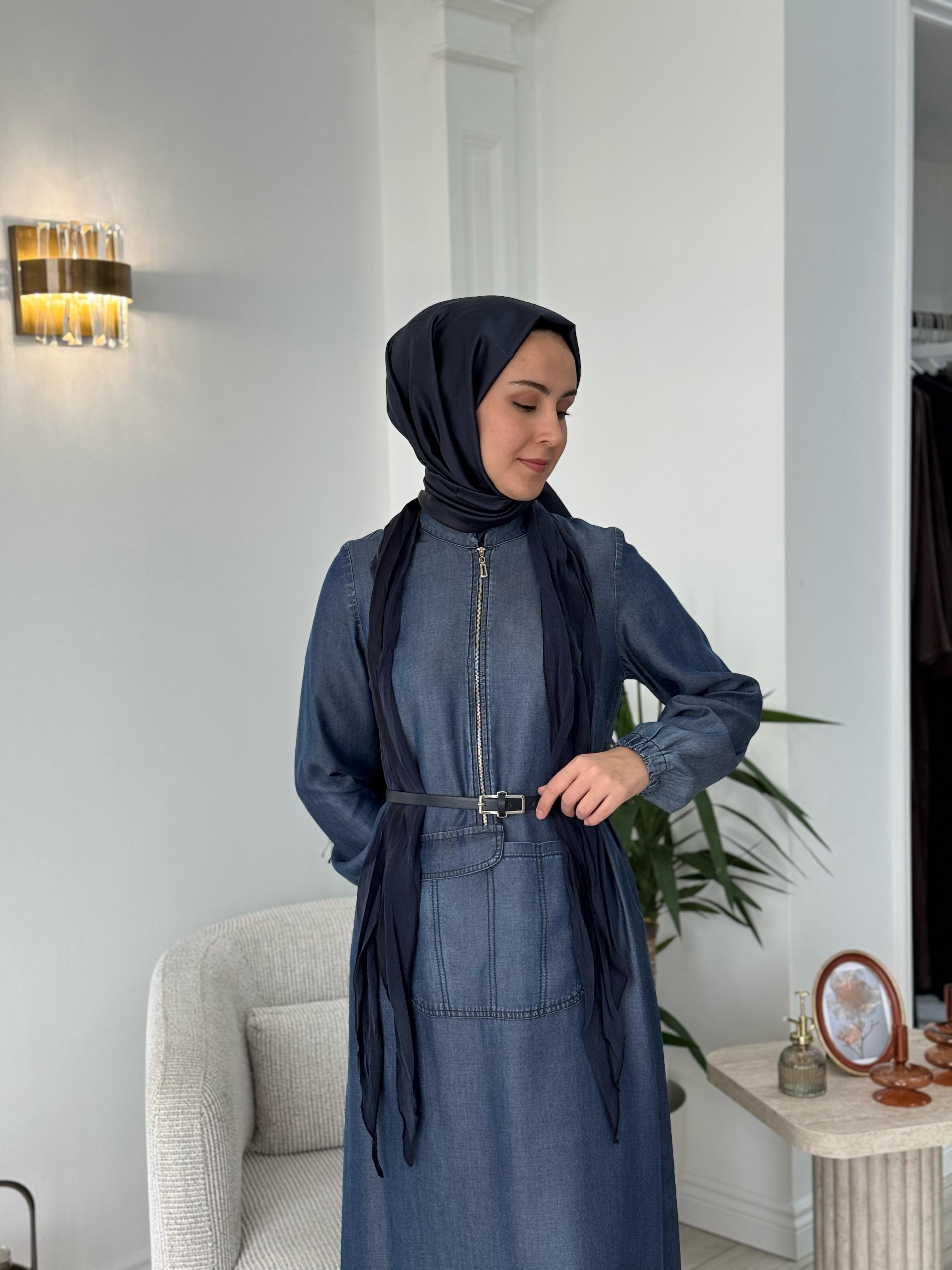 Misswhence Deri Kemerli Şallı Elbise Lacivert 37804