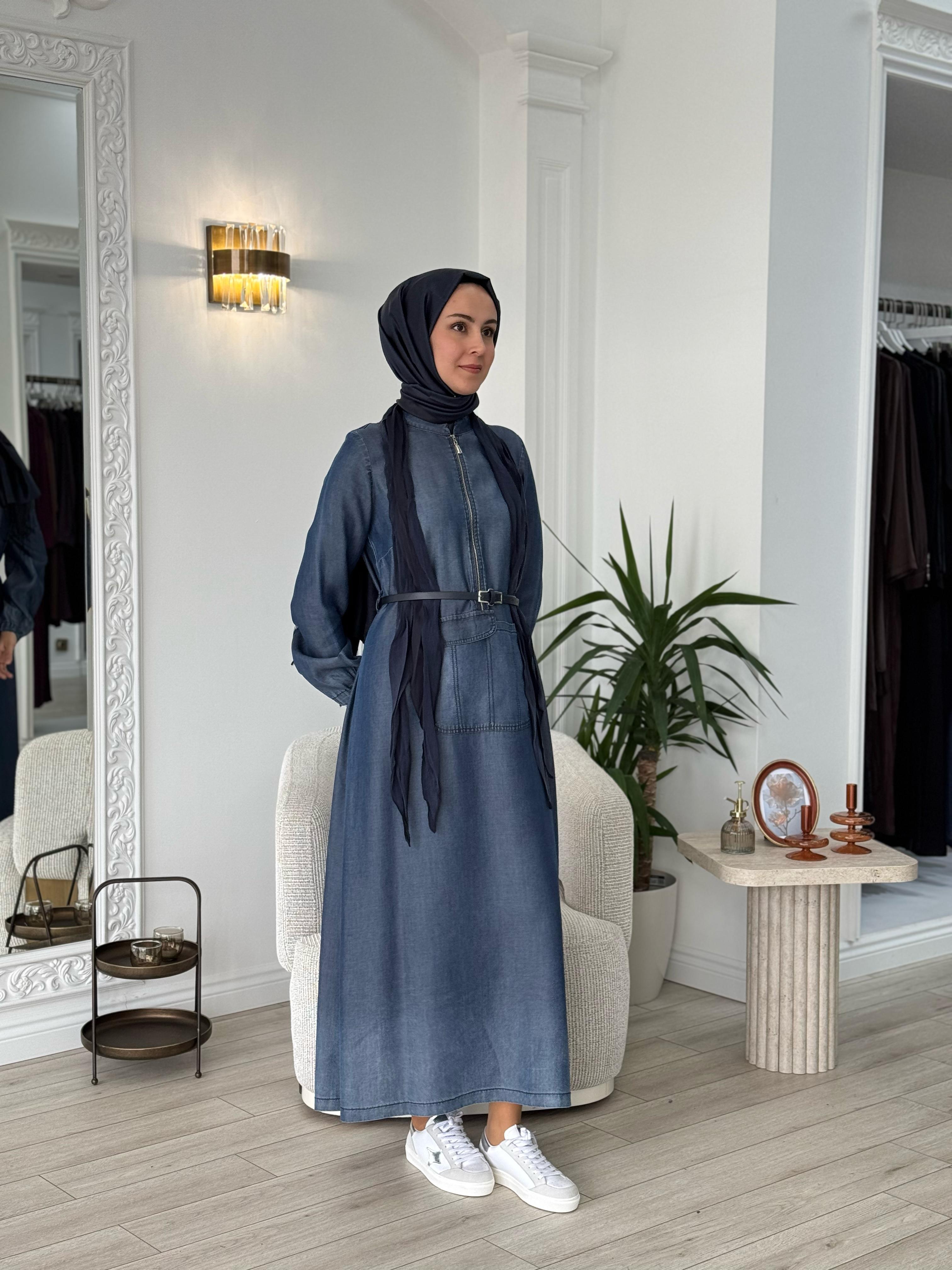 Misswhence Deri Kemerli Şallı Elbise Lacivert 37804
