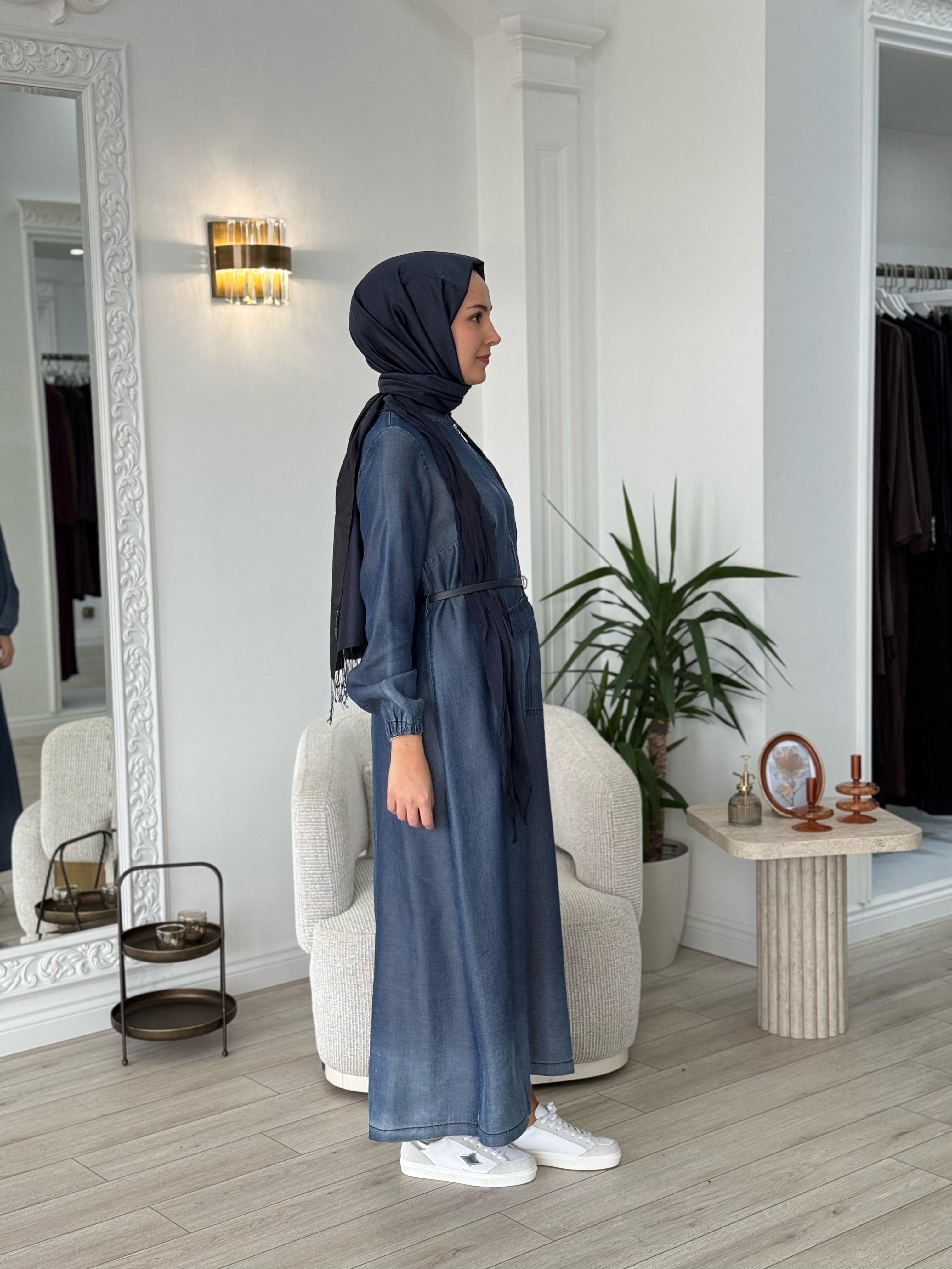Misswhence Deri Kemerli Şallı Elbise Lacivert 37804