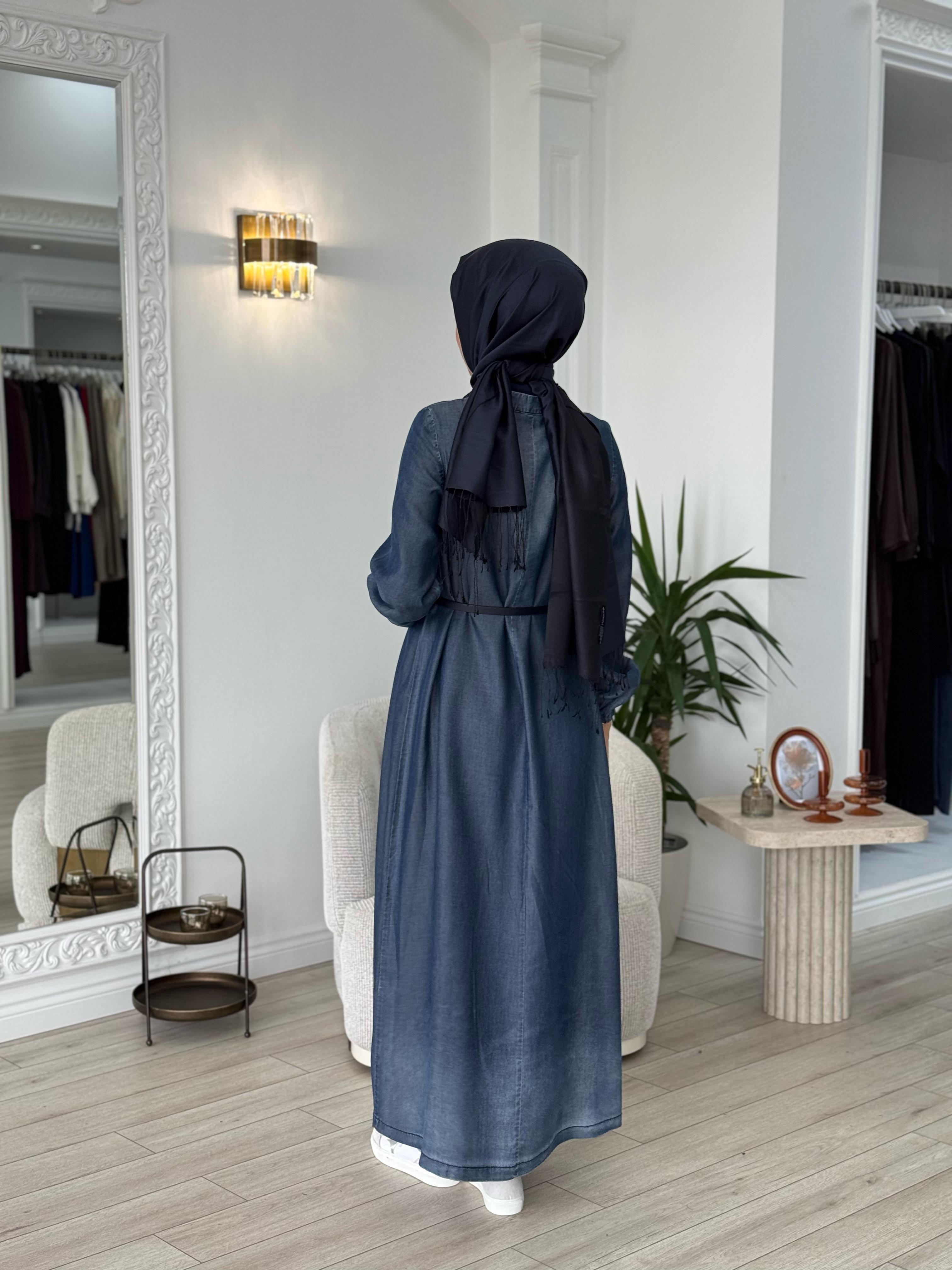 Misswhence Deri Kemerli Şallı Elbise Lacivert 37804