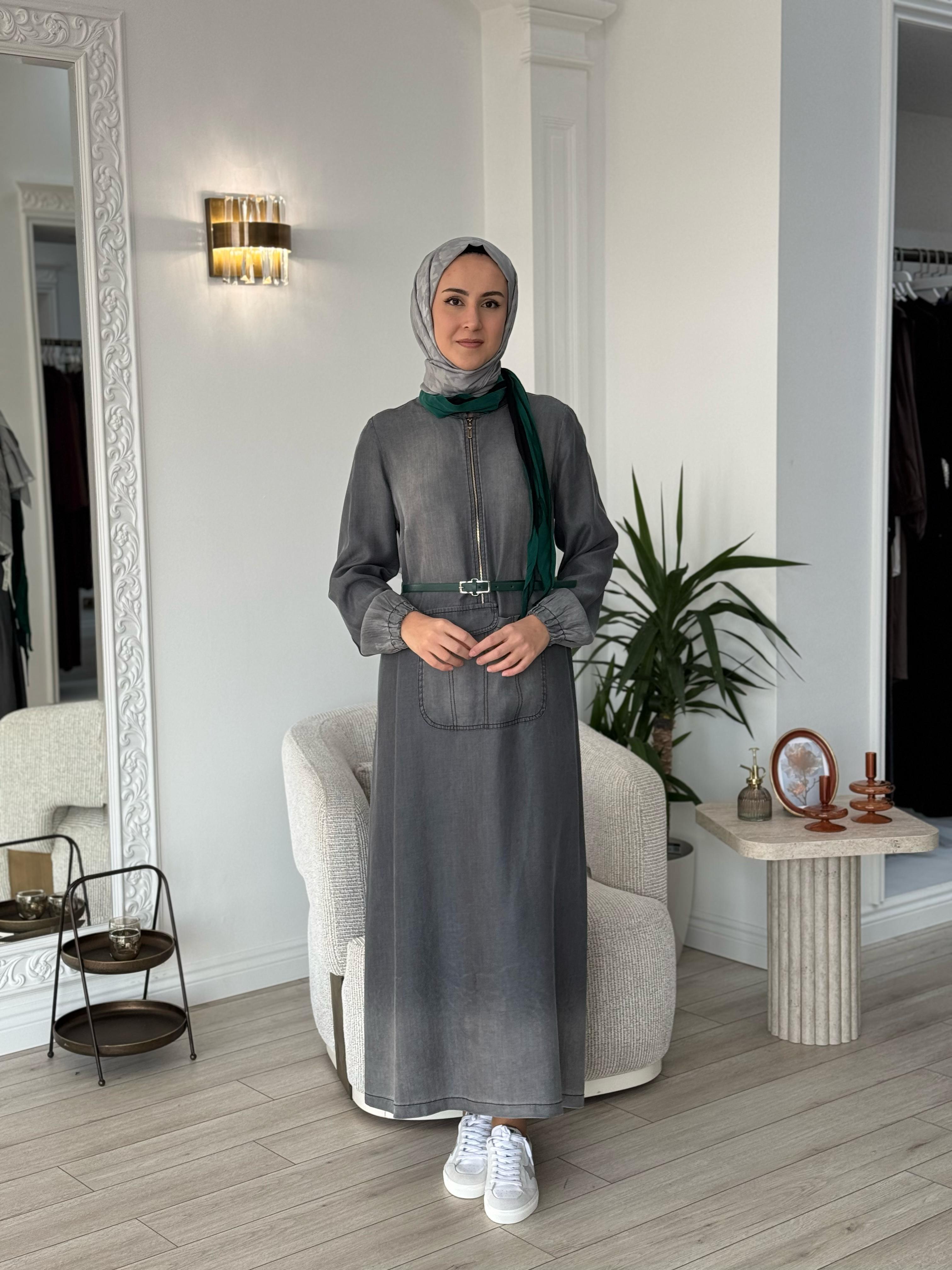Misswhence Deri Kemerli Şallı Elbise Siyah 37804