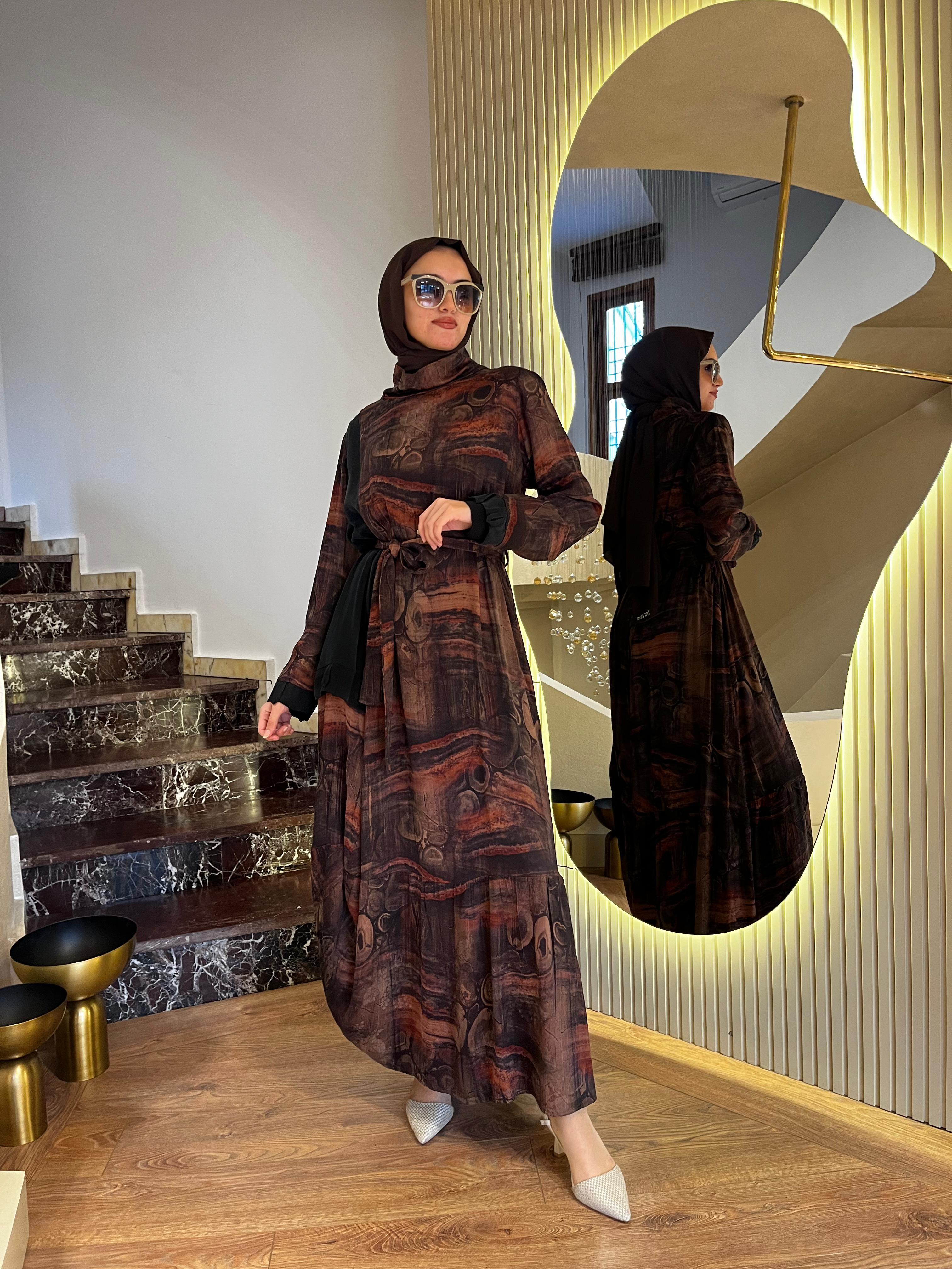 Misswhence Desenli Cupra Elbise Kahverengi 36828
