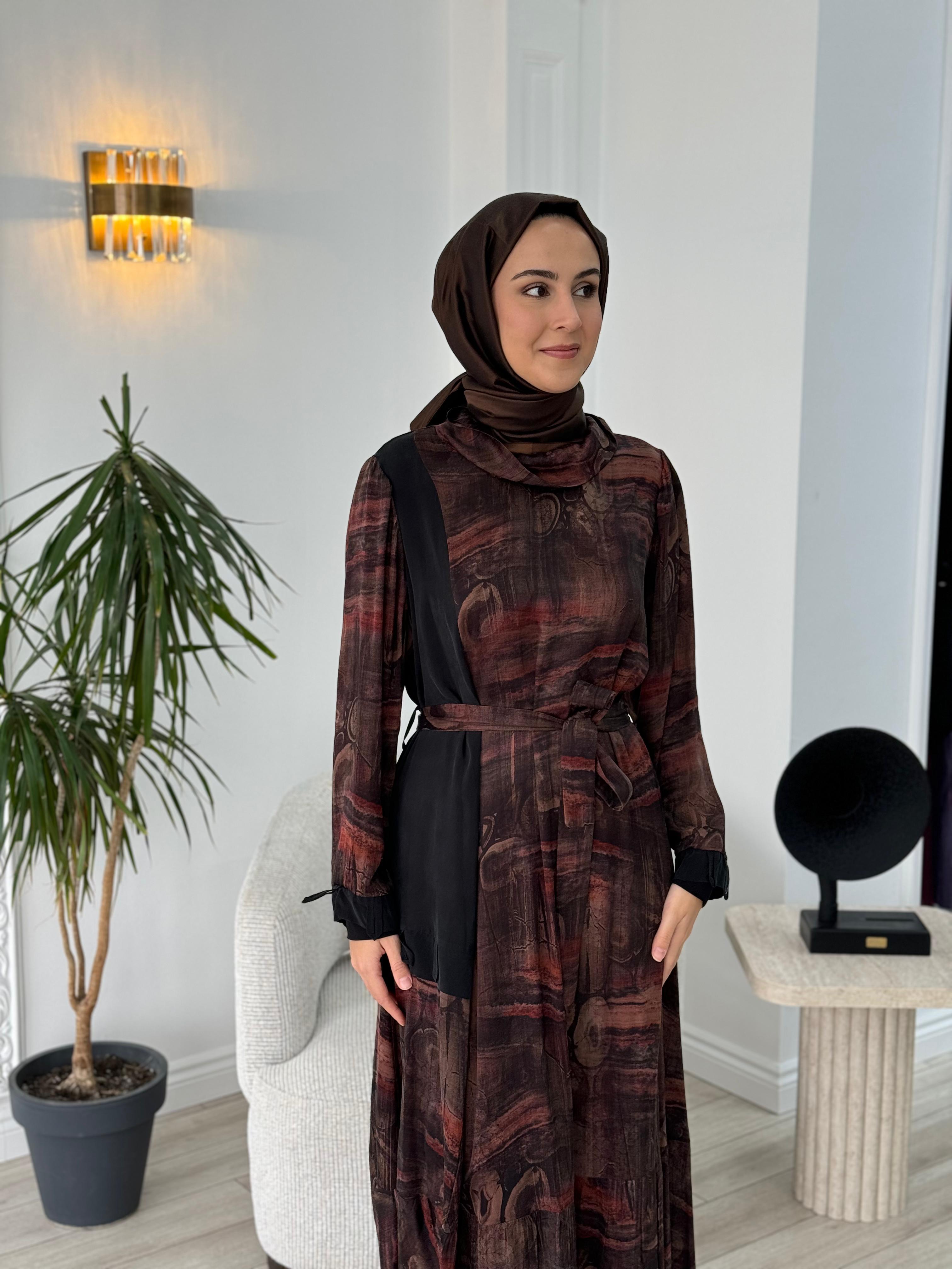 Misswhence Desenli Cupra Elbise Kahverengi 36828