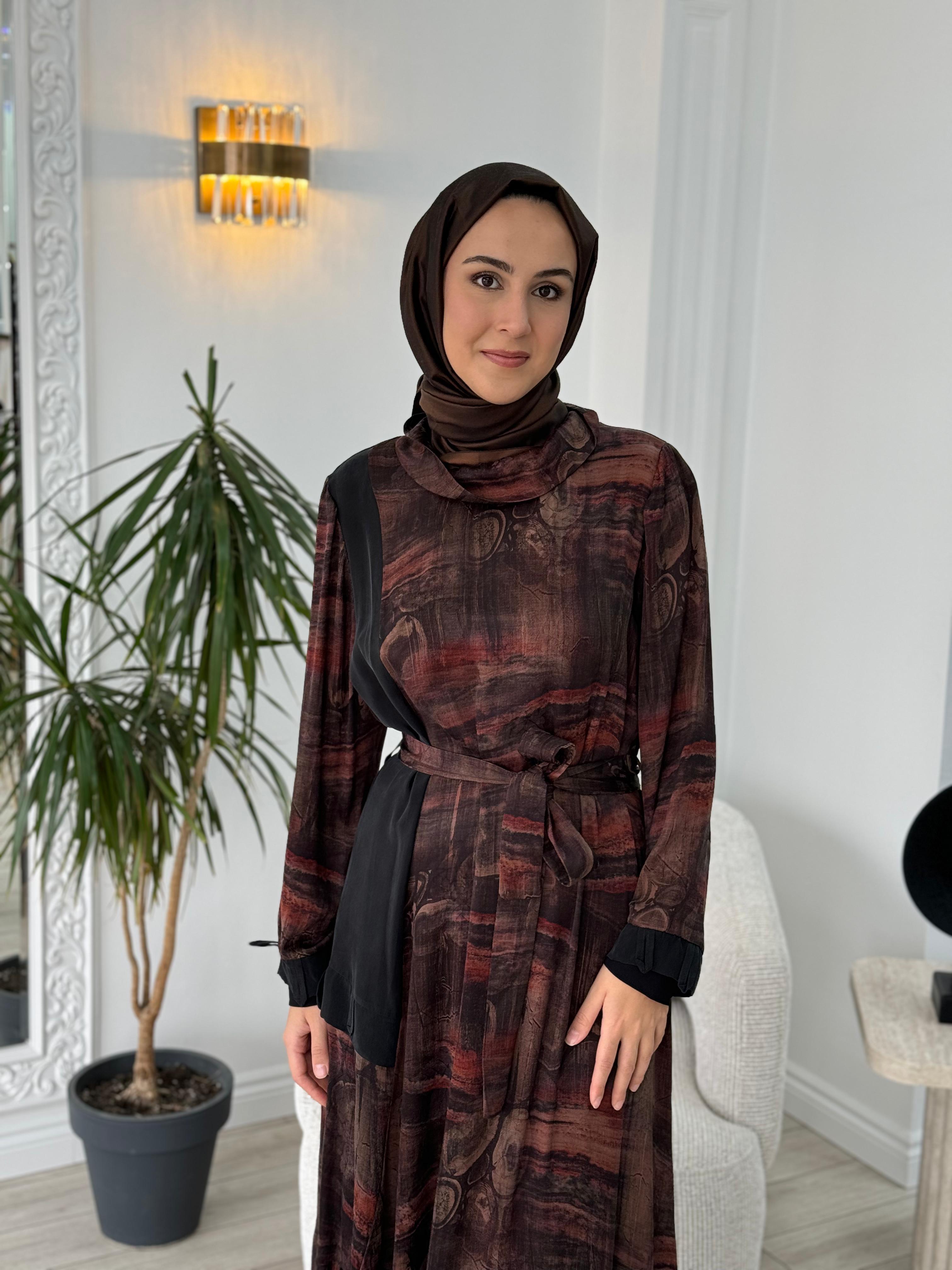 Misswhence Desenli Cupra Elbise Kahverengi 36828