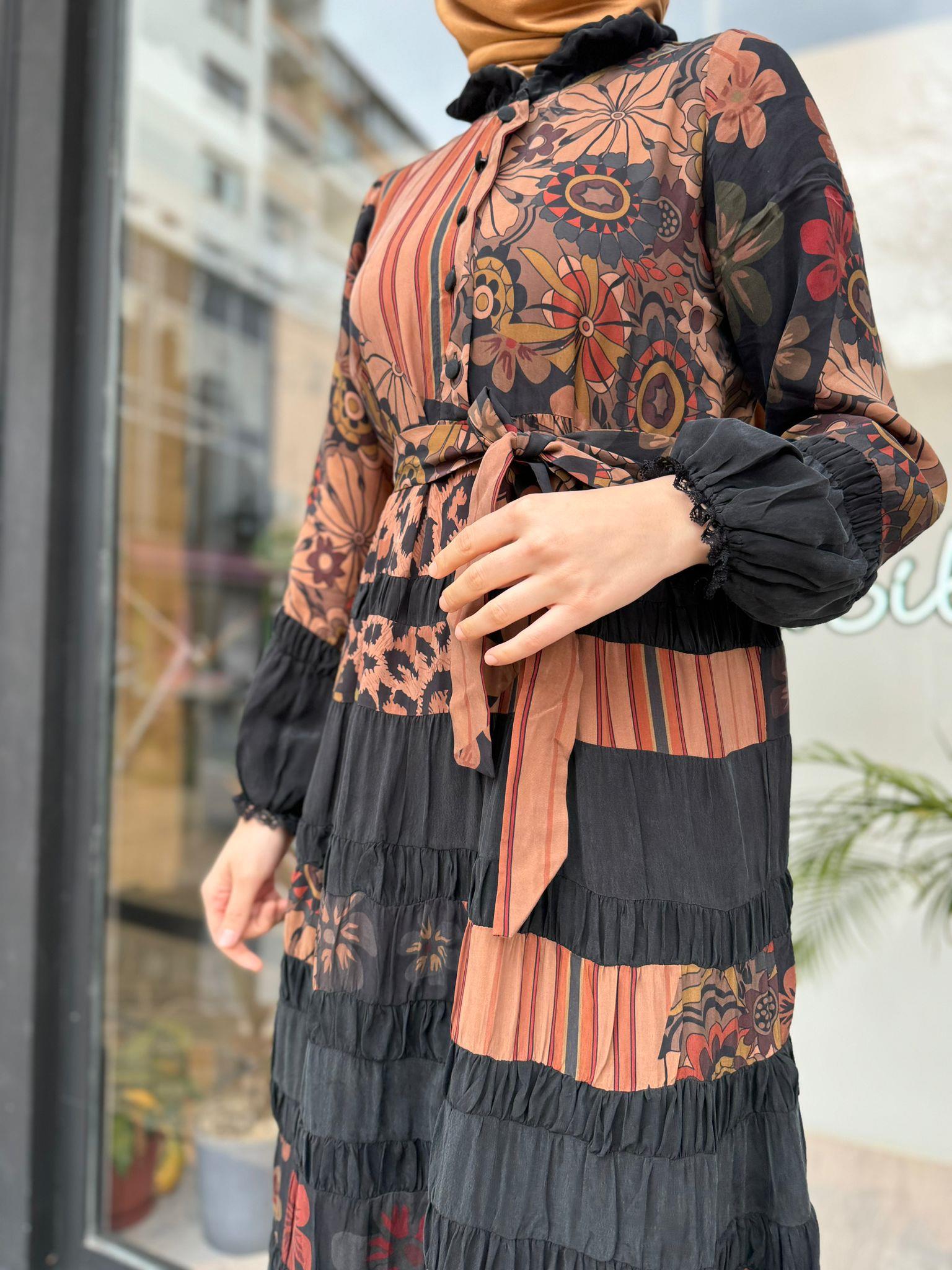 Misswhence Desenli İpek Elbise Kahve 35809