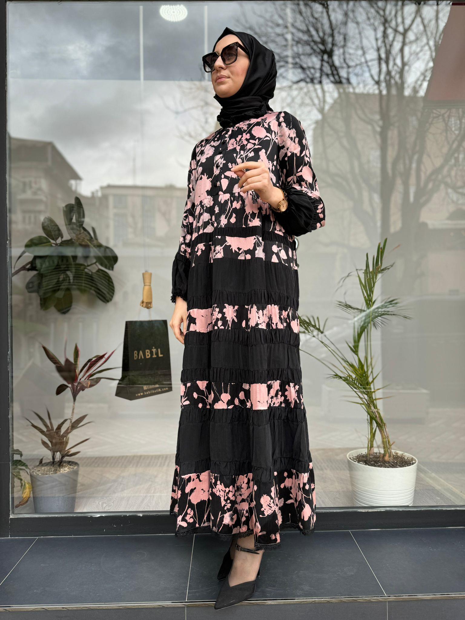 Misswhence Desenli İpek Elbise Pudra 35809