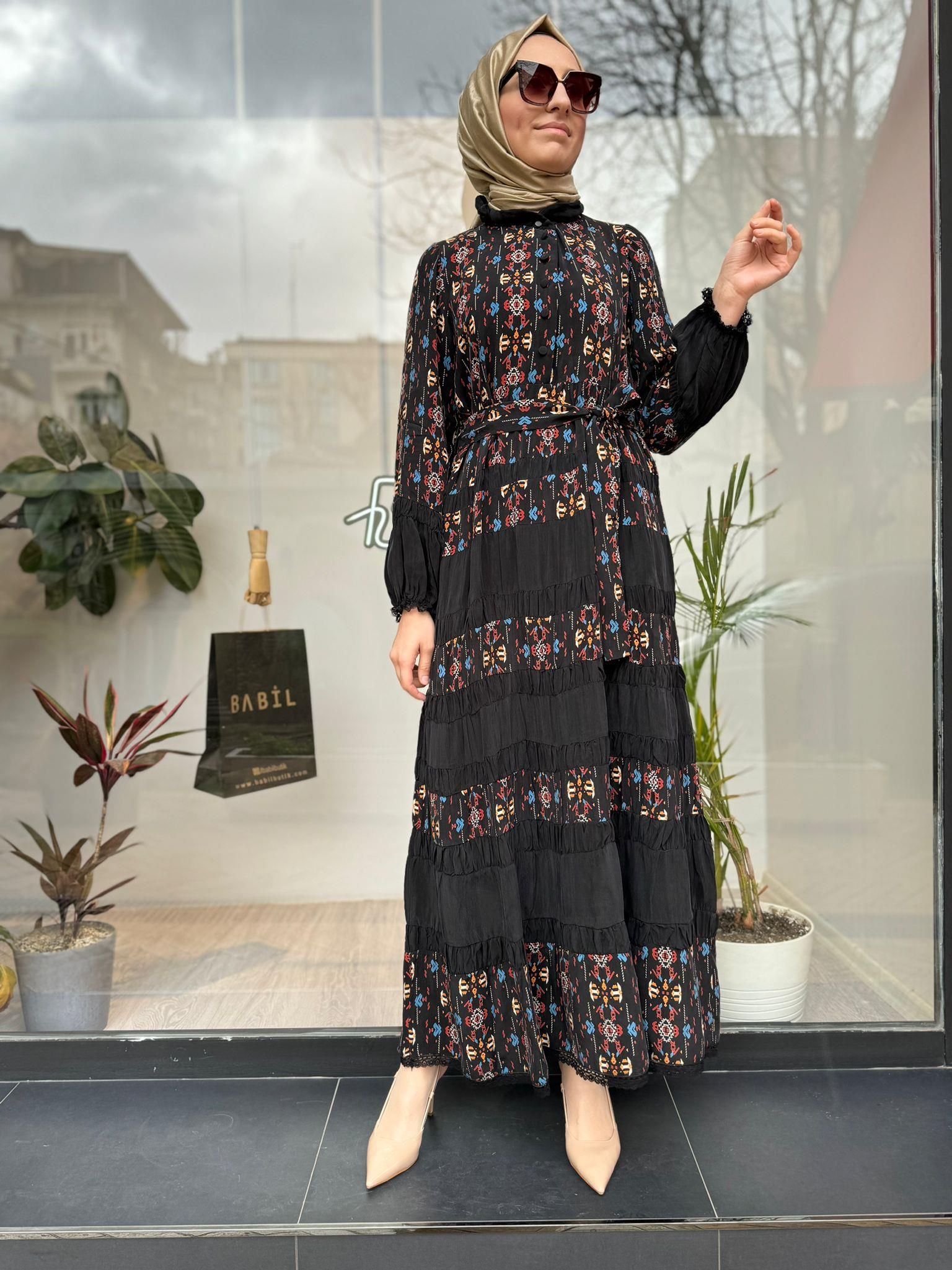 Misswhence Desenli İpek Elbise Siyah 35809