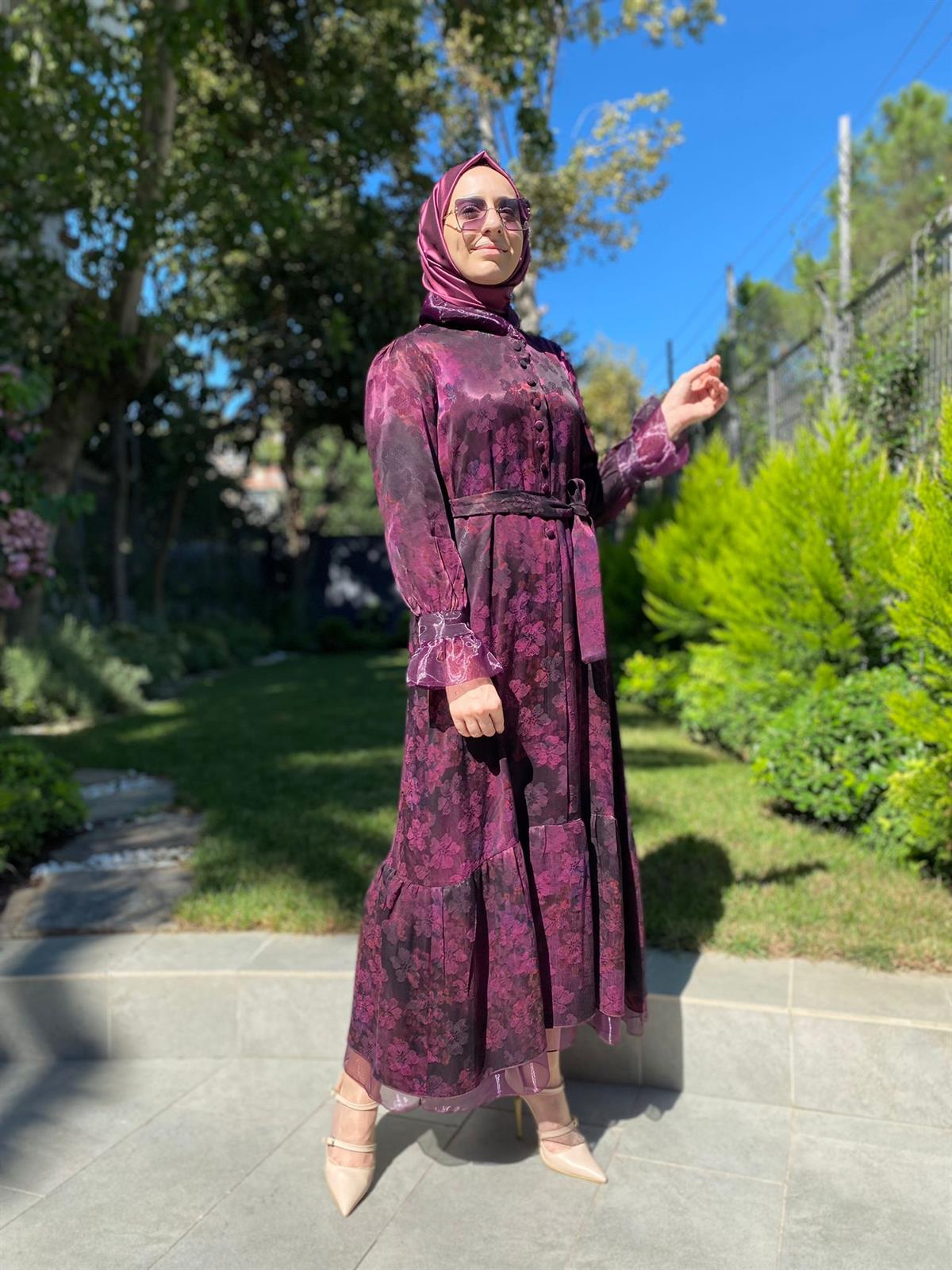 Misswhence Desenli Mürdüm İpek Elbise 34821