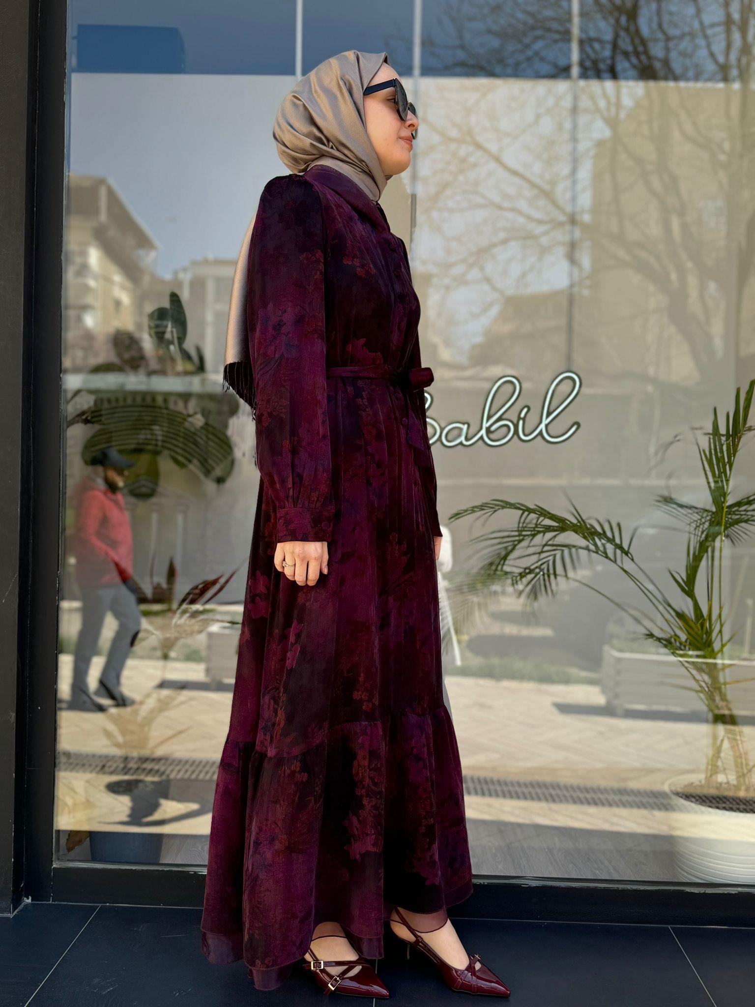 Misswhence Desenli Mürdüm İpek Elbise 34821