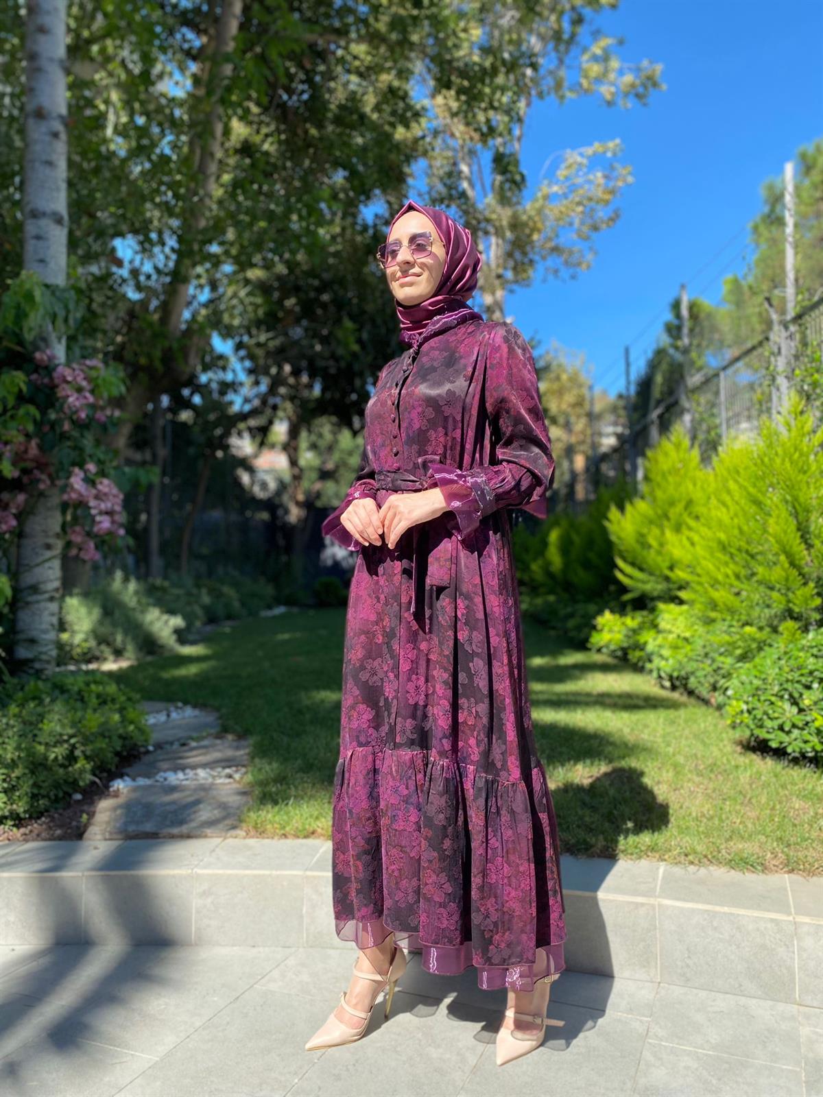 Misswhence Desenli Mürdüm İpek Elbise 34821