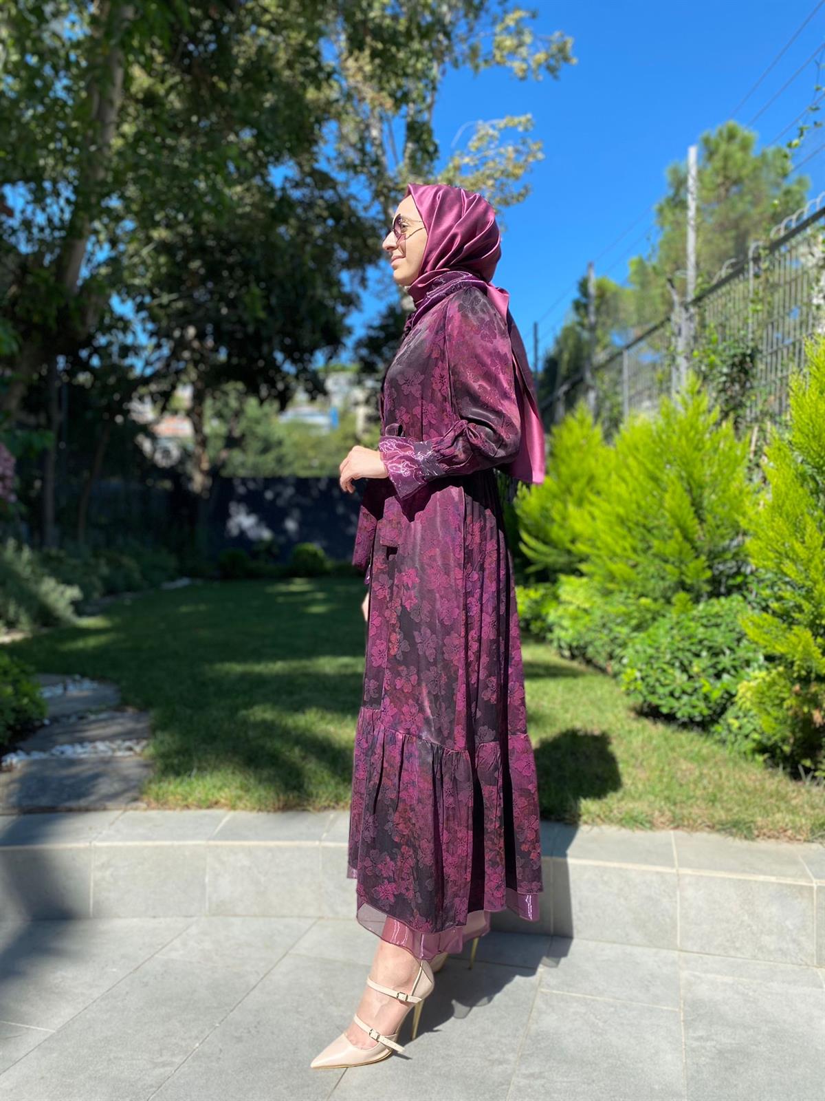 Misswhence Desenli Mürdüm İpek Elbise 34821