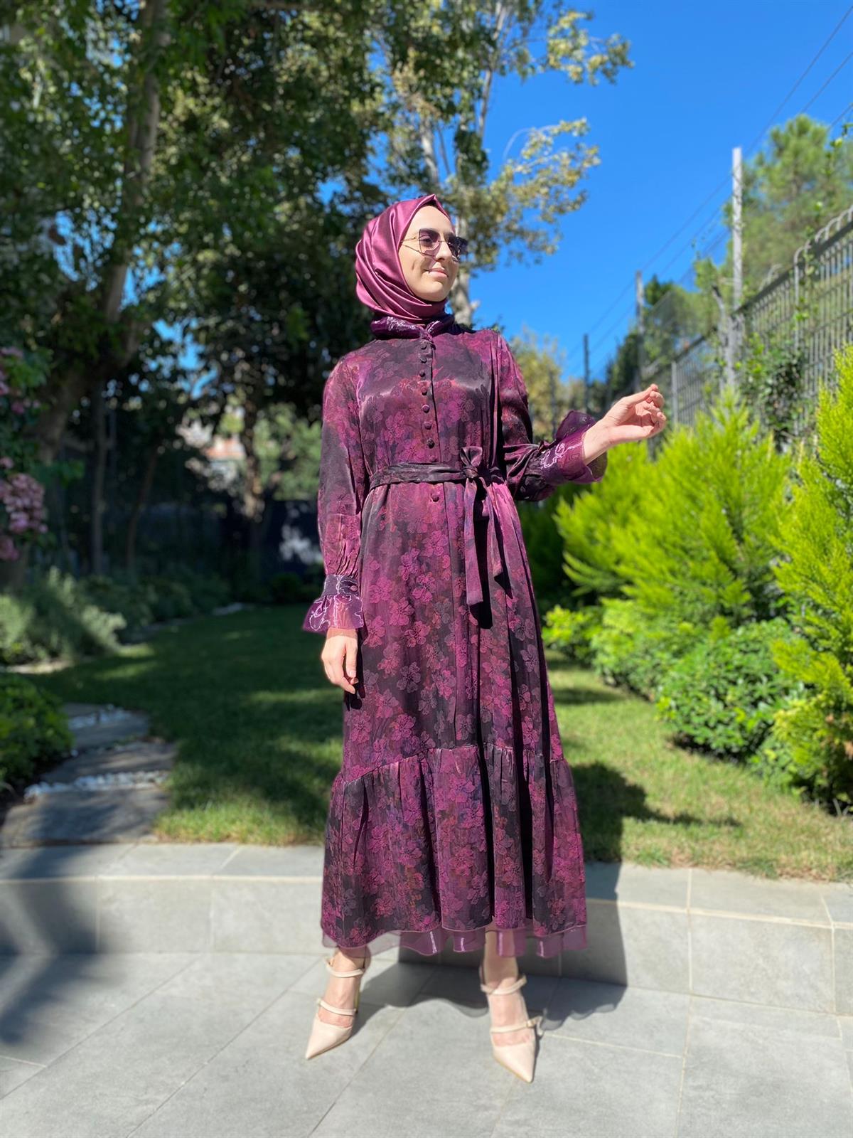 Misswhence Desenli Mürdüm İpek Elbise 34821