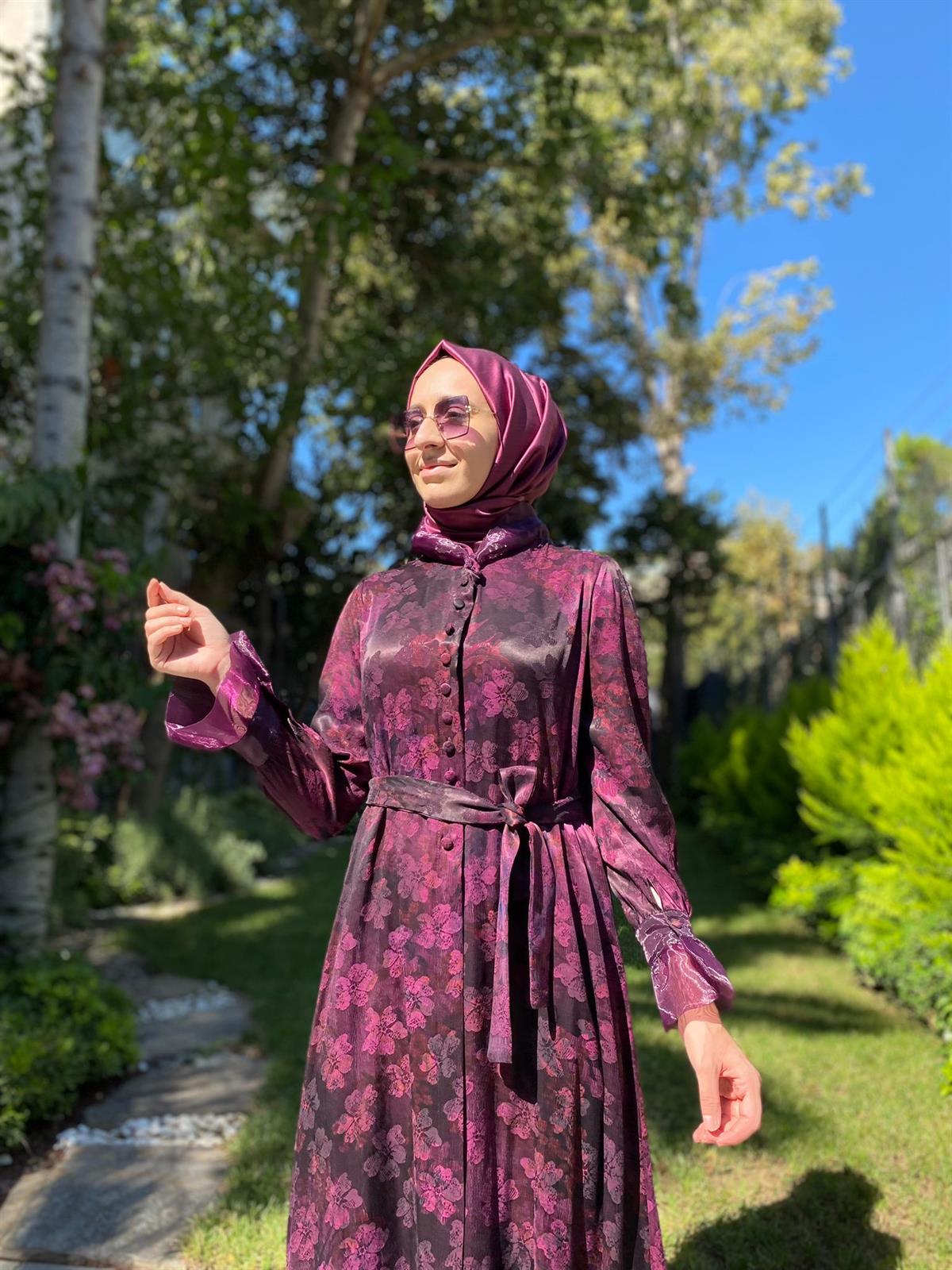 Misswhence Desenli Mürdüm İpek Elbise 34821
