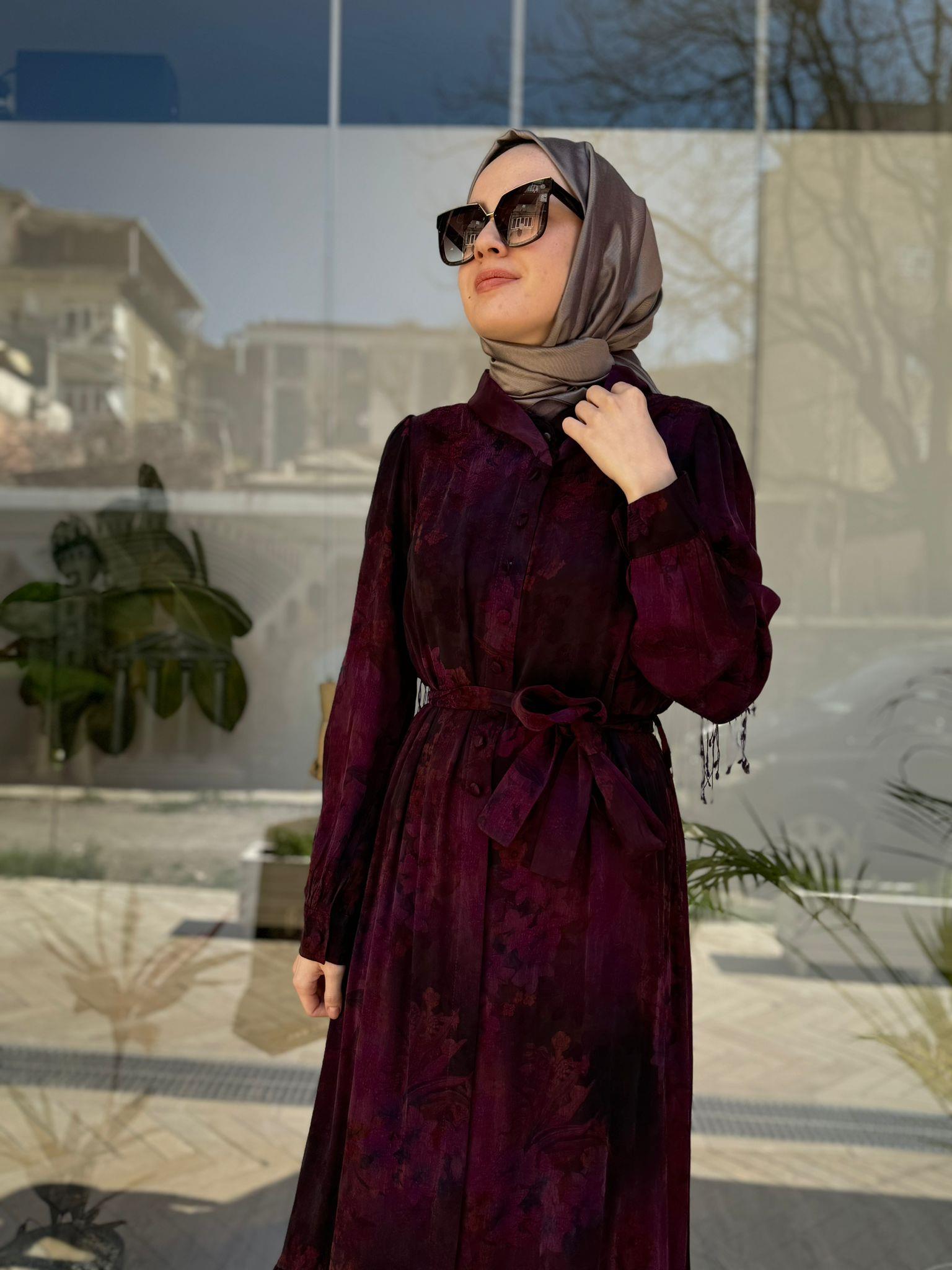 Misswhence Desenli Mürdüm İpek Elbise 34821
