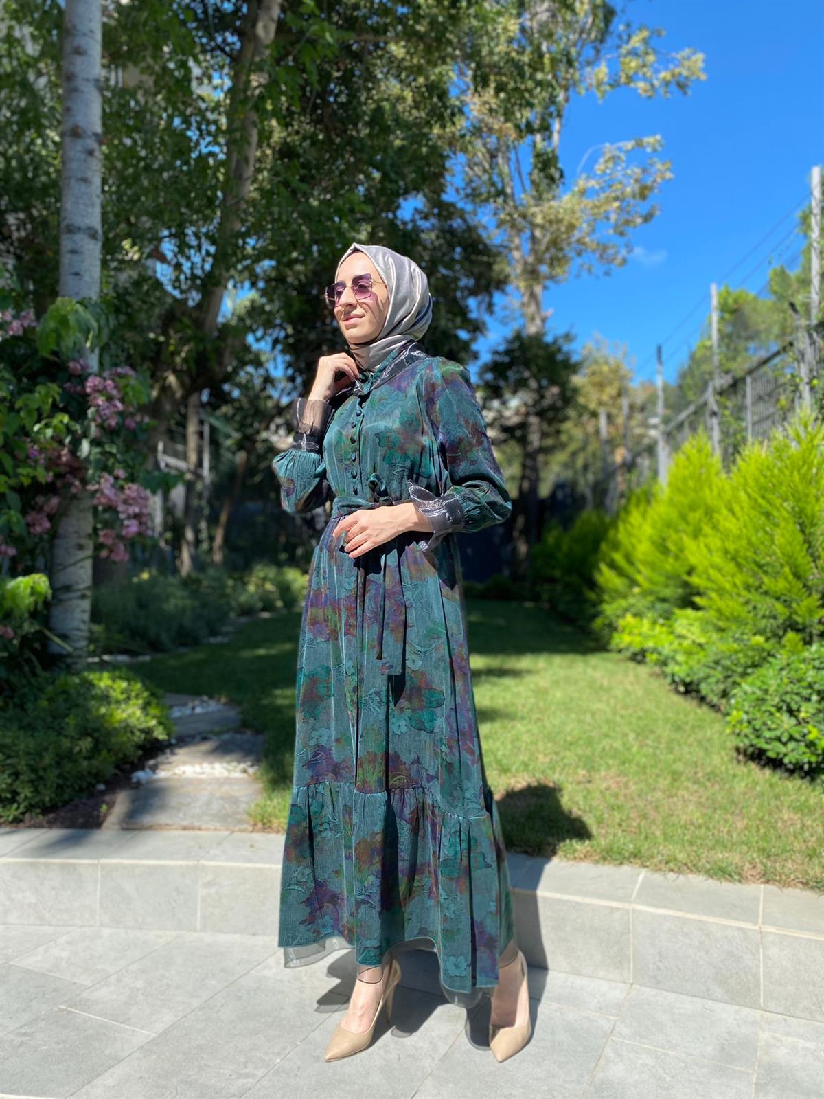 Misswhence Desenli Yeşil-Mor İpek Elbise 34821