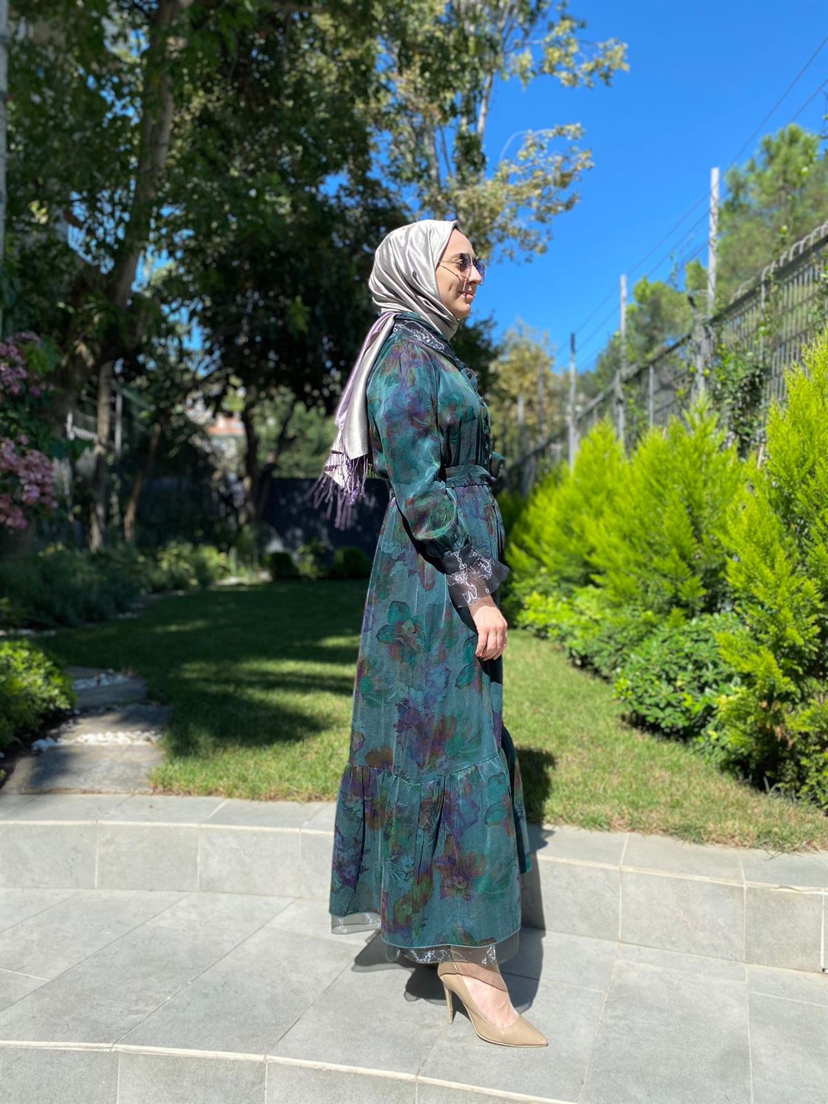 Misswhence Desenli Yeşil-Mor İpek Elbise 34821