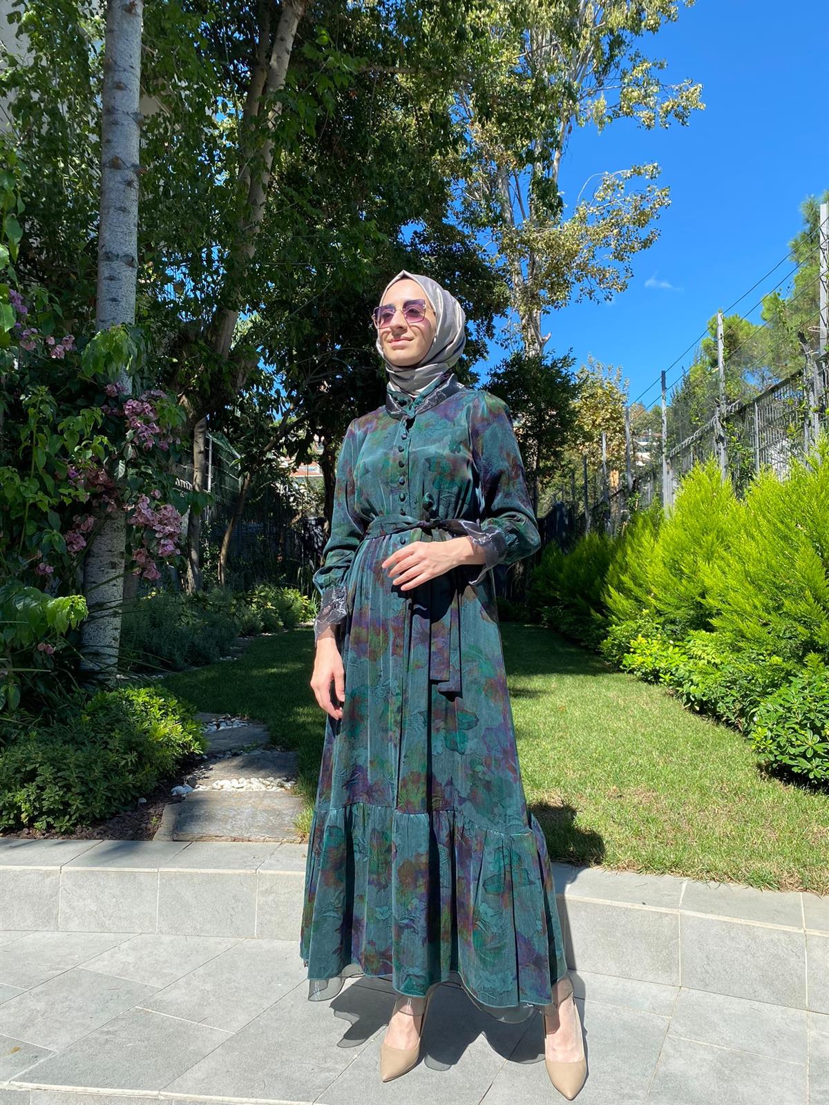 Misswhence Desenli Yeşil-Mor İpek Elbise 34821