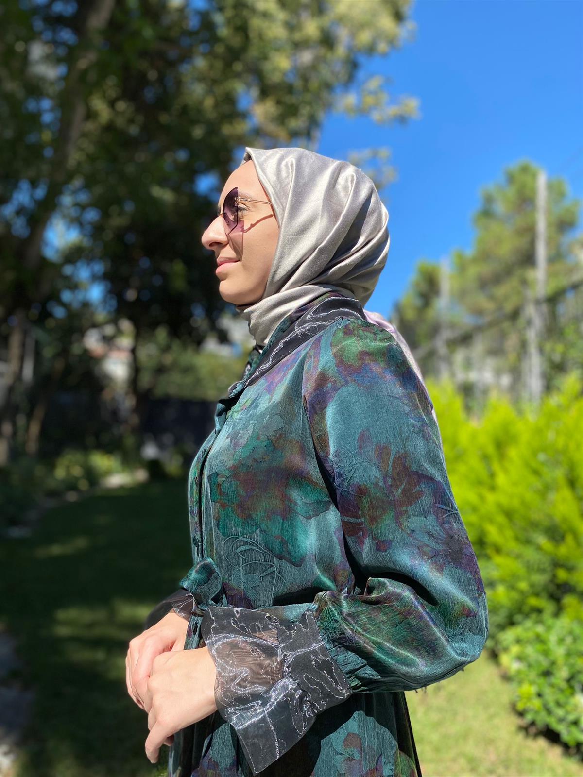 Misswhence Desenli Yeşil-Mor İpek Elbise 34821