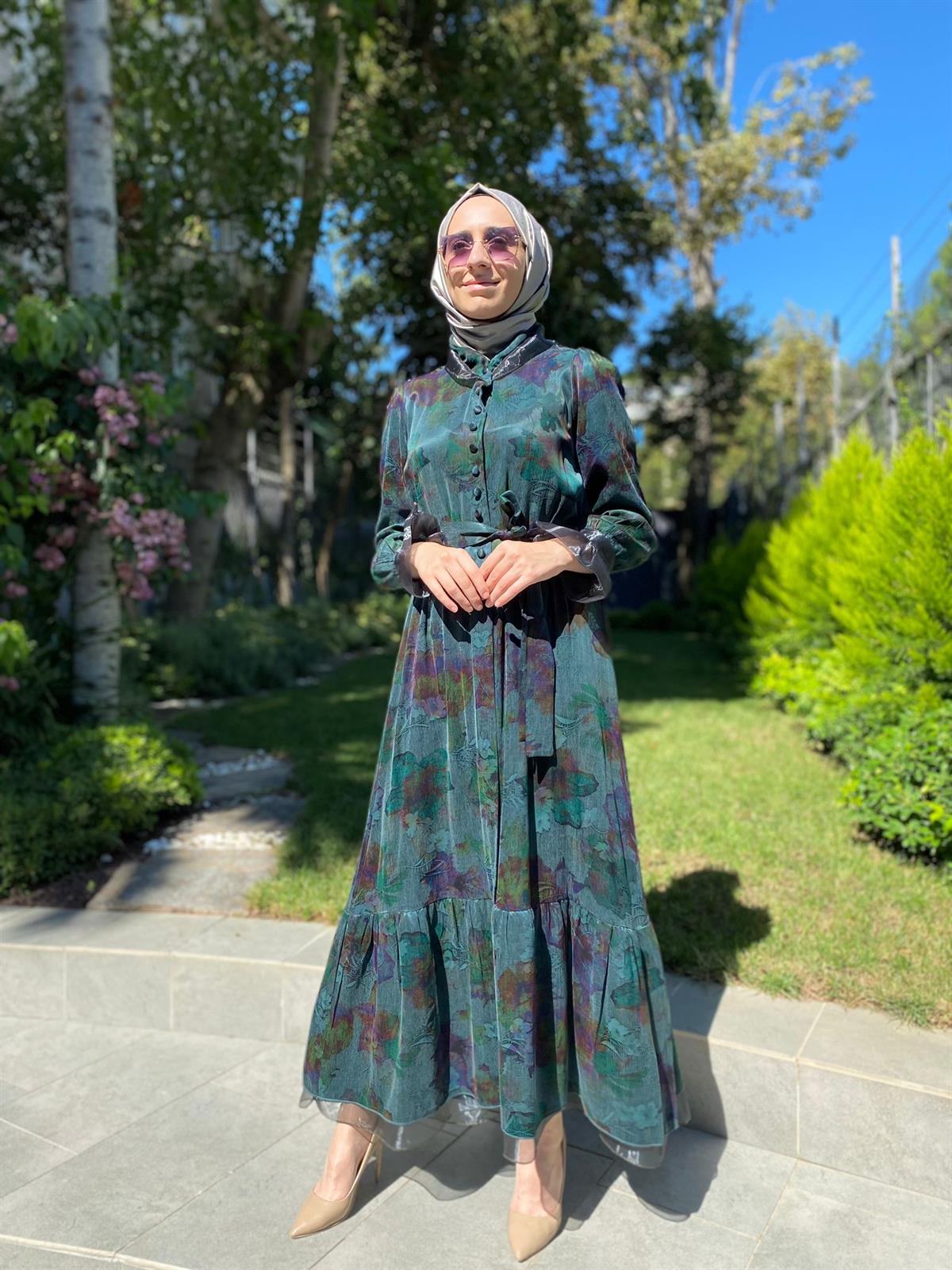 Misswhence Desenli Yeşil-Mor İpek Elbise 34821