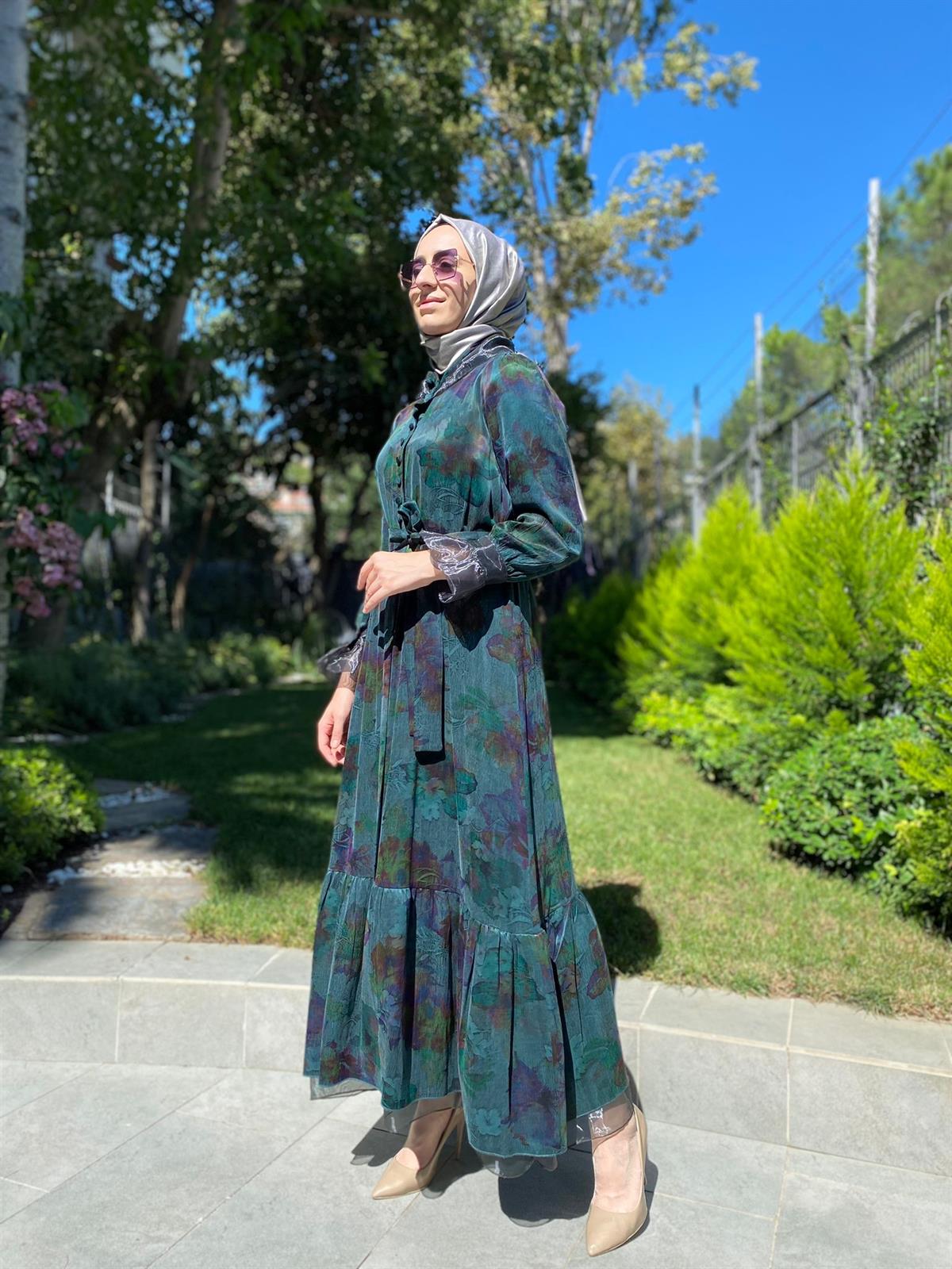 Misswhence Desenli Yeşil-Mor İpek Elbise 34821