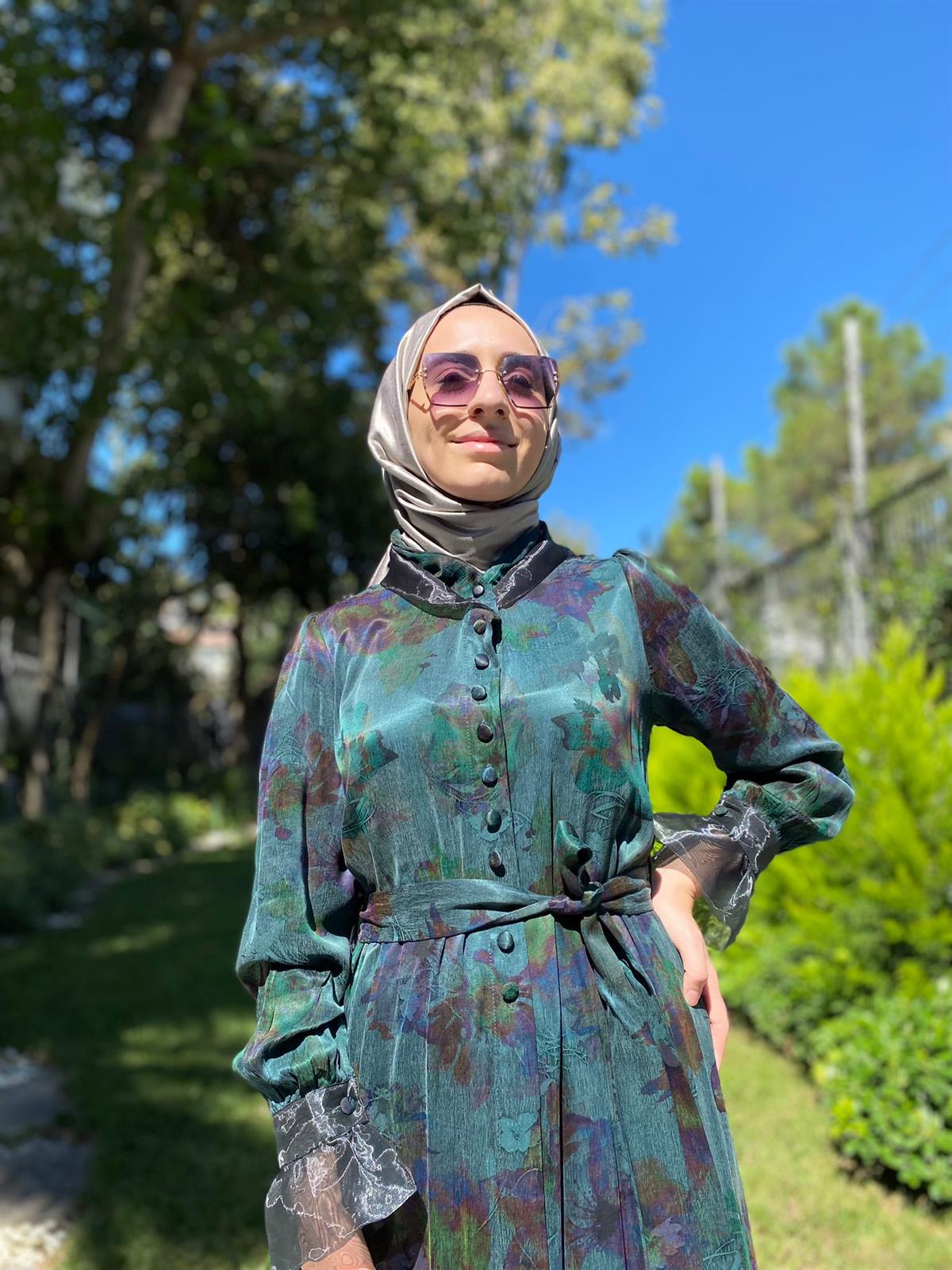 Misswhence Desenli Yeşil-Mor İpek Elbise 34821